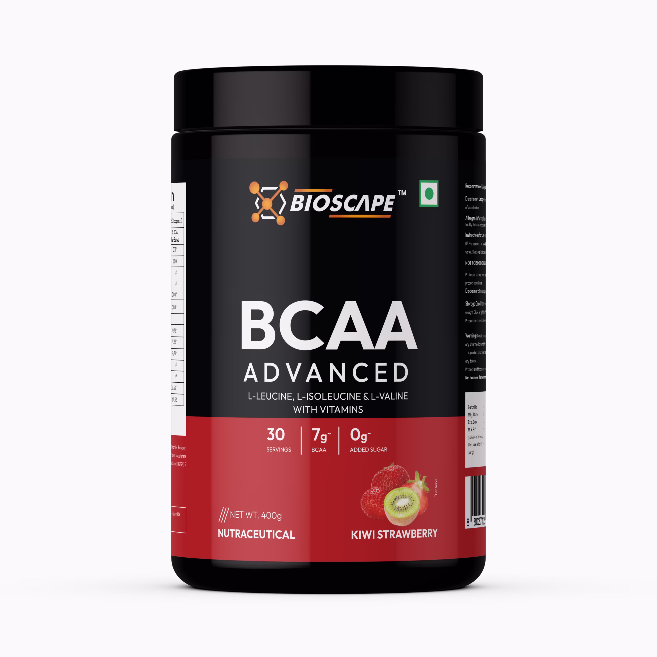 BIOSCAPE BCAA Advanced – 7g BCAA per Serving | 400g | Strawberry & Kiwi  Flavours