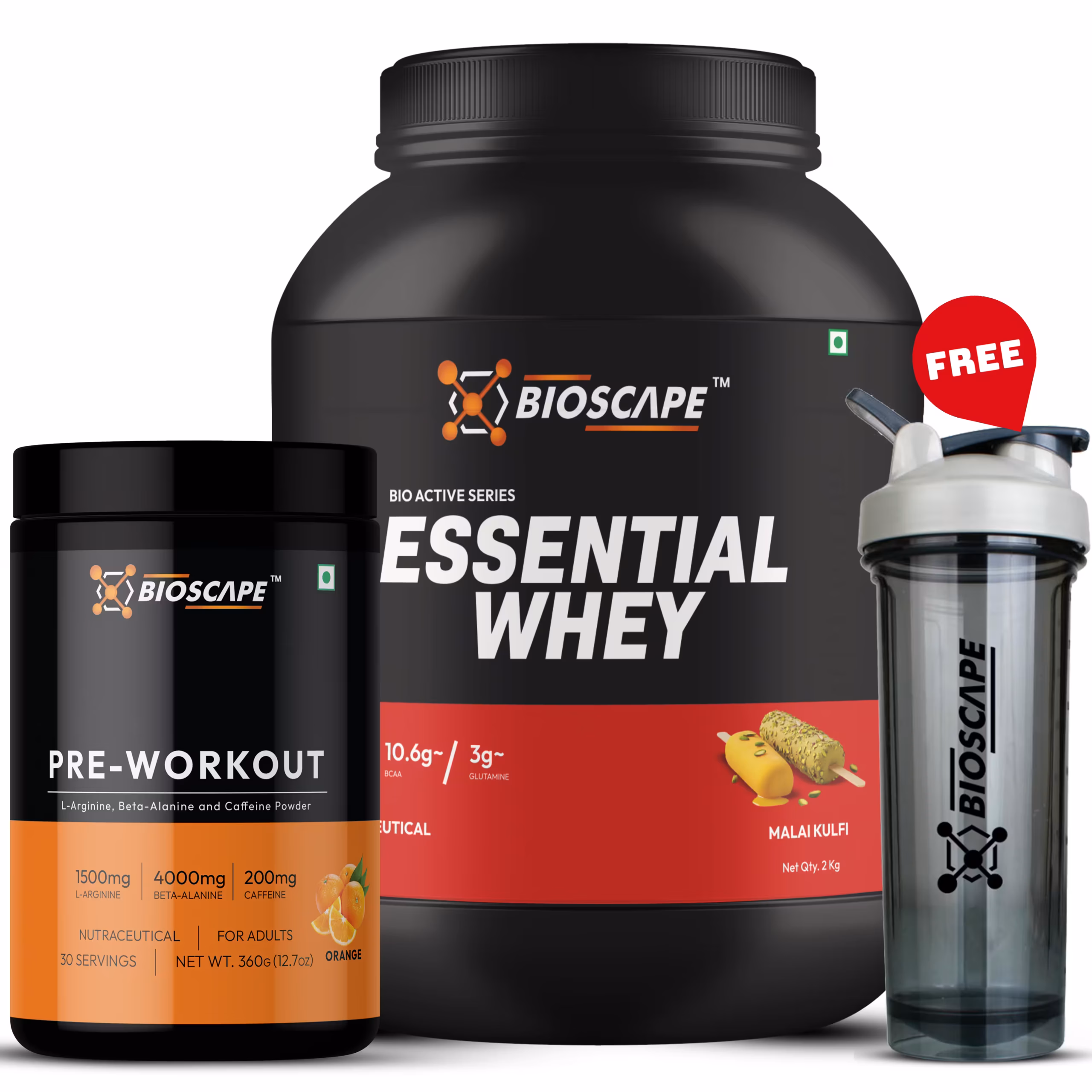 Essential Whey Protein + Pre-Workout + Gym Shaker Combo | Complete Muscle Building & Energy Stack