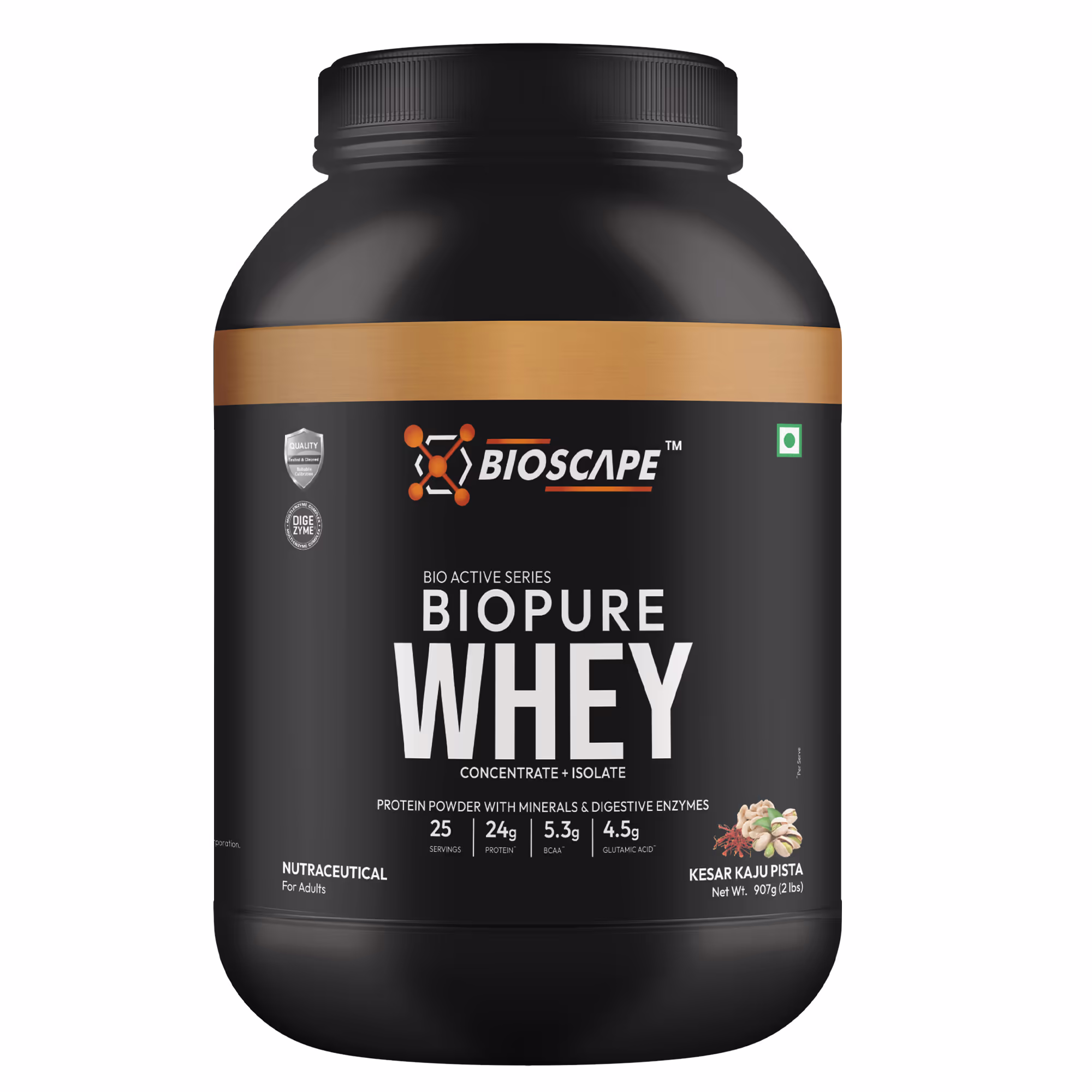 Bioscape Biopure Whey Protein Powder 1kg (2lbs) – Whey Concentrate + Isolate with Digestive Enzymes | 24g Protein | Kesar Kaju Pista Flavor