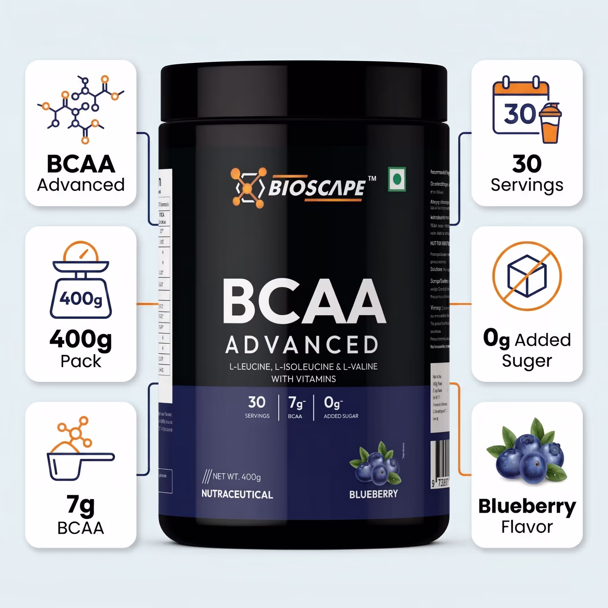 BIOSCAPE BCAA Advanced Blueberry 400g – 7g BCAA with Glutamine, Citrulline & Vitamin B6