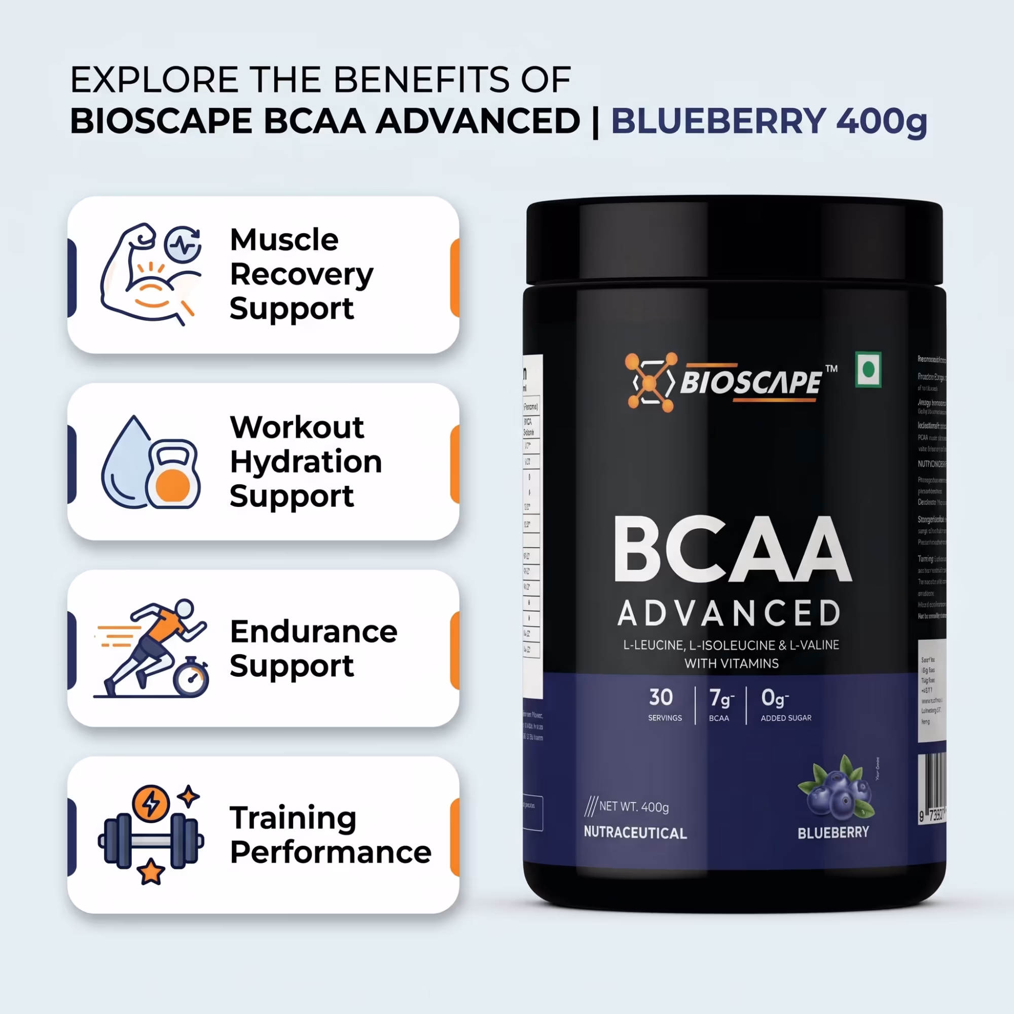 BIOSCAPE BCAA Advanced Blueberry 400g – 7g BCAA with Glutamine, Citrulline & Vitamin B6