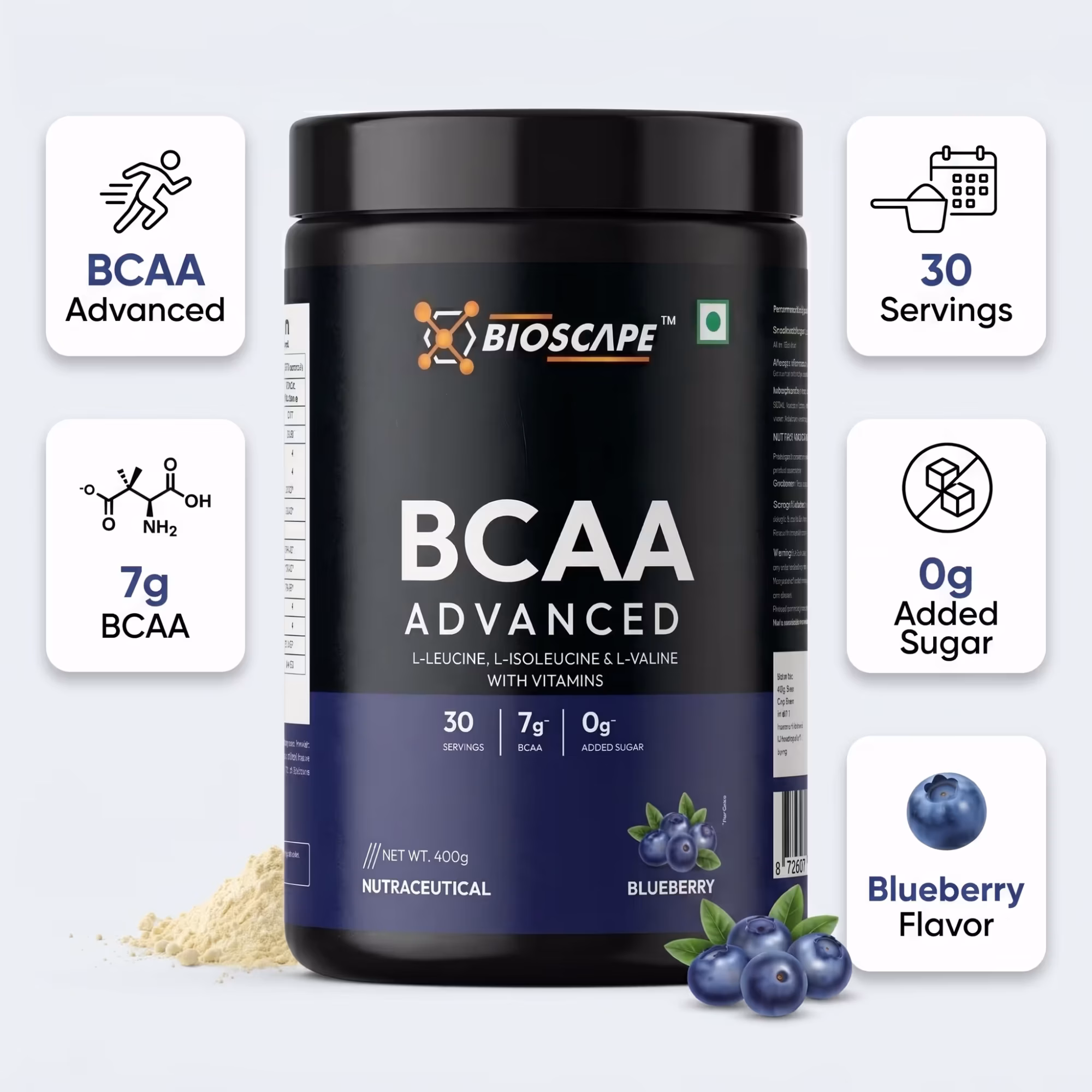 BIOSCAPE BCAA Advanced Blueberry 400g – 7g BCAA with Glutamine, Citrulline & Vitamin B6