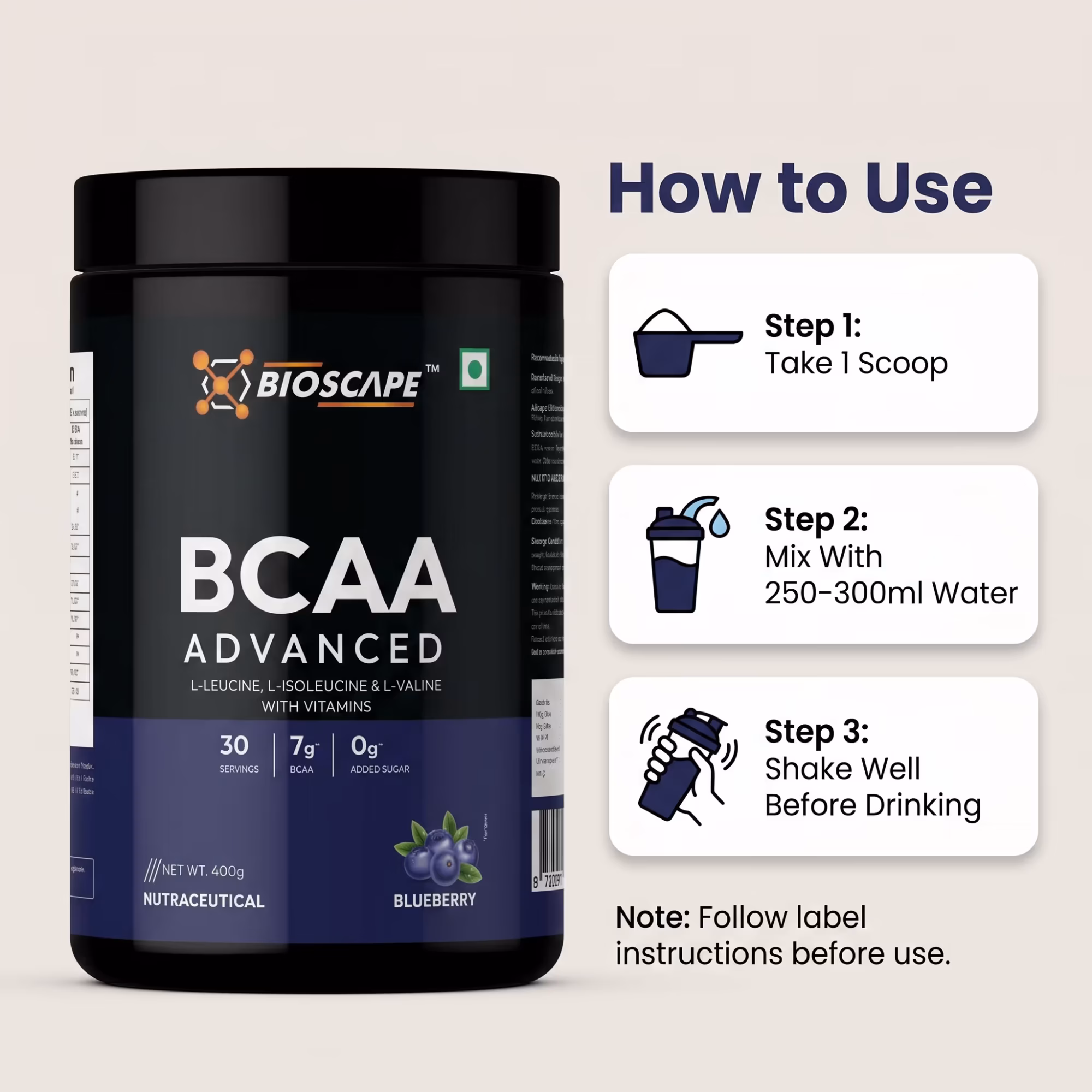 BIOSCAPE BCAA Advanced Blueberry 400g – 7g BCAA with Glutamine, Citrulline & Vitamin B6