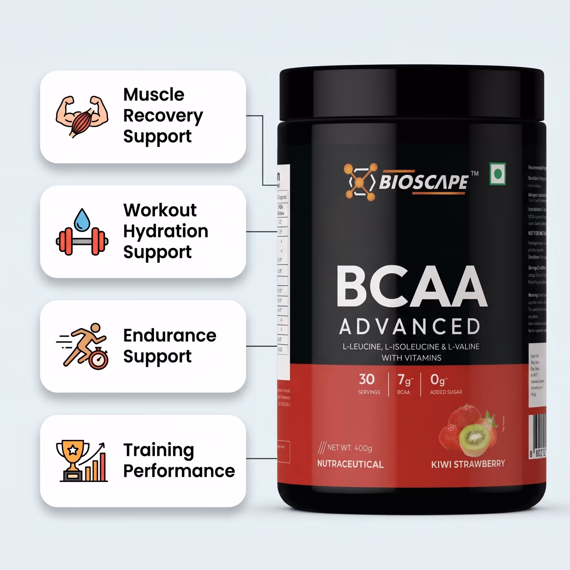 BIOSCAPE BCAA Advanced Kiwi Strawberry 400g – 7g BCAA with Glutamine, Citrulline & Vitamin B6