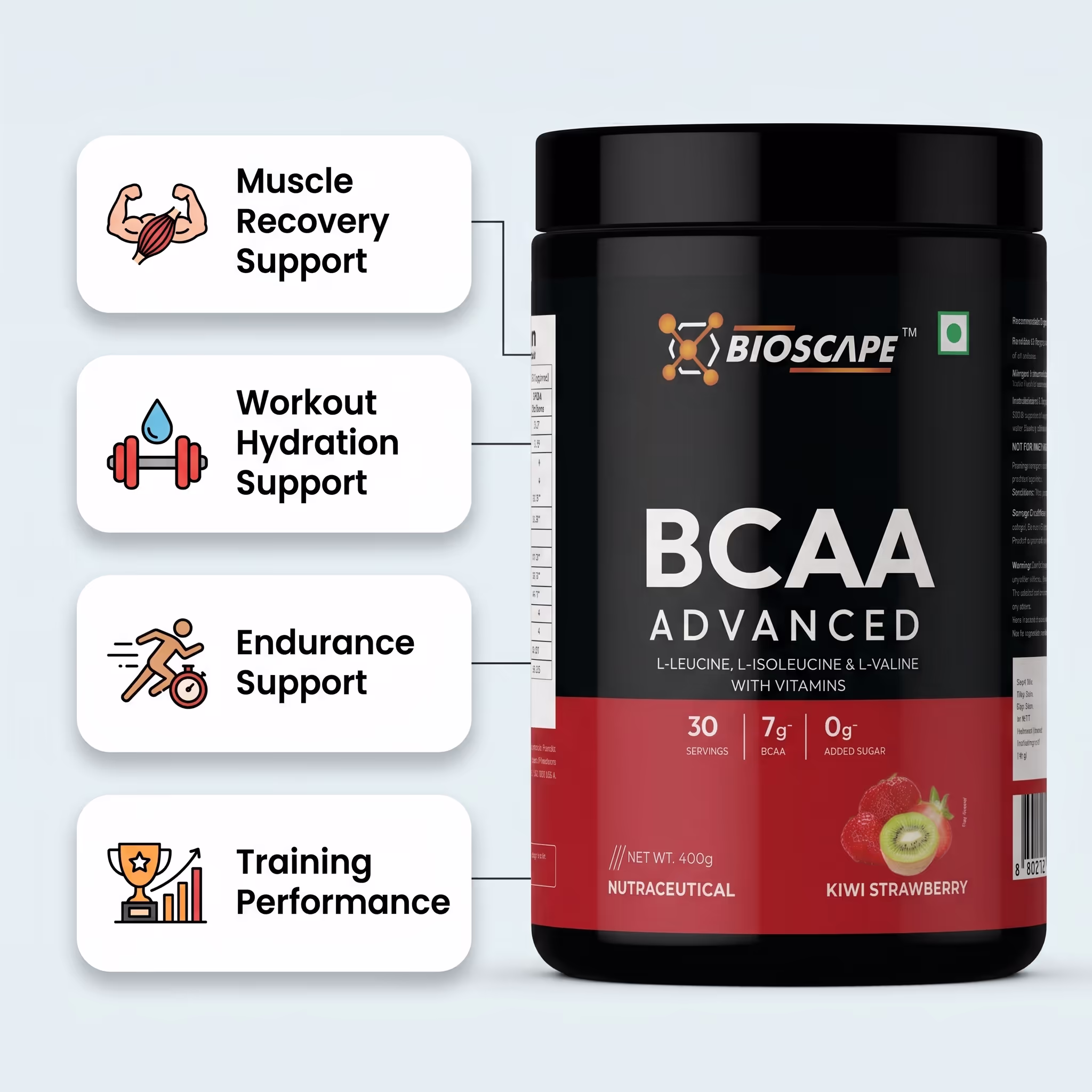 BIOSCAPE BCAA Advanced Kiwi Strawberry 400g – 7g BCAA with Glutamine, Citrulline & Vitamin B6 - Image 2