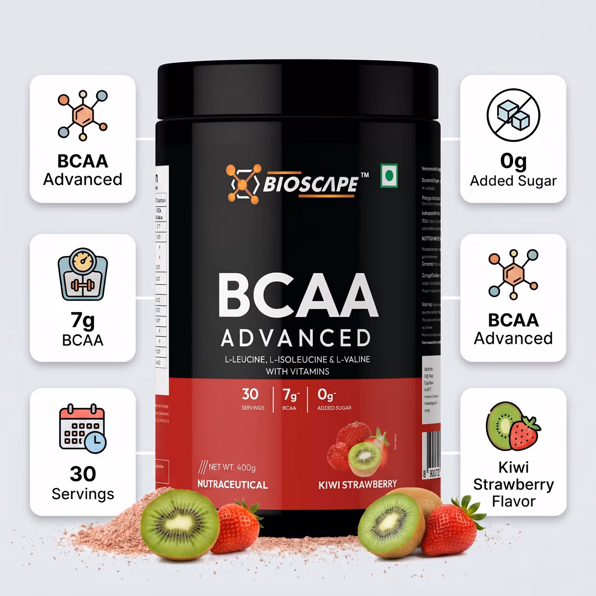BIOSCAPE BCAA Advanced Kiwi Strawberry 400g – 7g BCAA with Glutamine, Citrulline & Vitamin B6