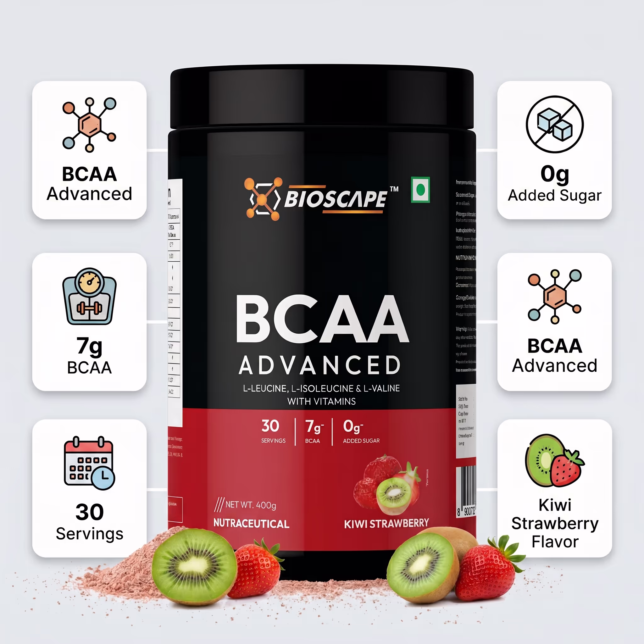 BIOSCAPE BCAA Advanced Kiwi Strawberry 400g – 7g BCAA with Glutamine, Citrulline & Vitamin B6 - Image 3