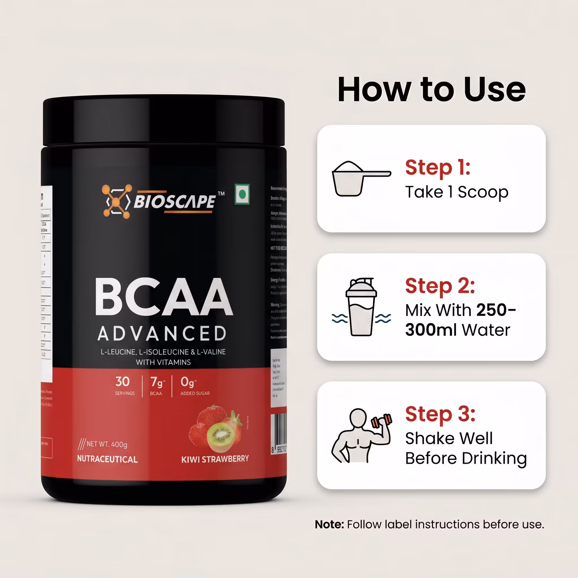 BIOSCAPE BCAA Advanced Kiwi Strawberry 400g – 7g BCAA with Glutamine, Citrulline & Vitamin B6
