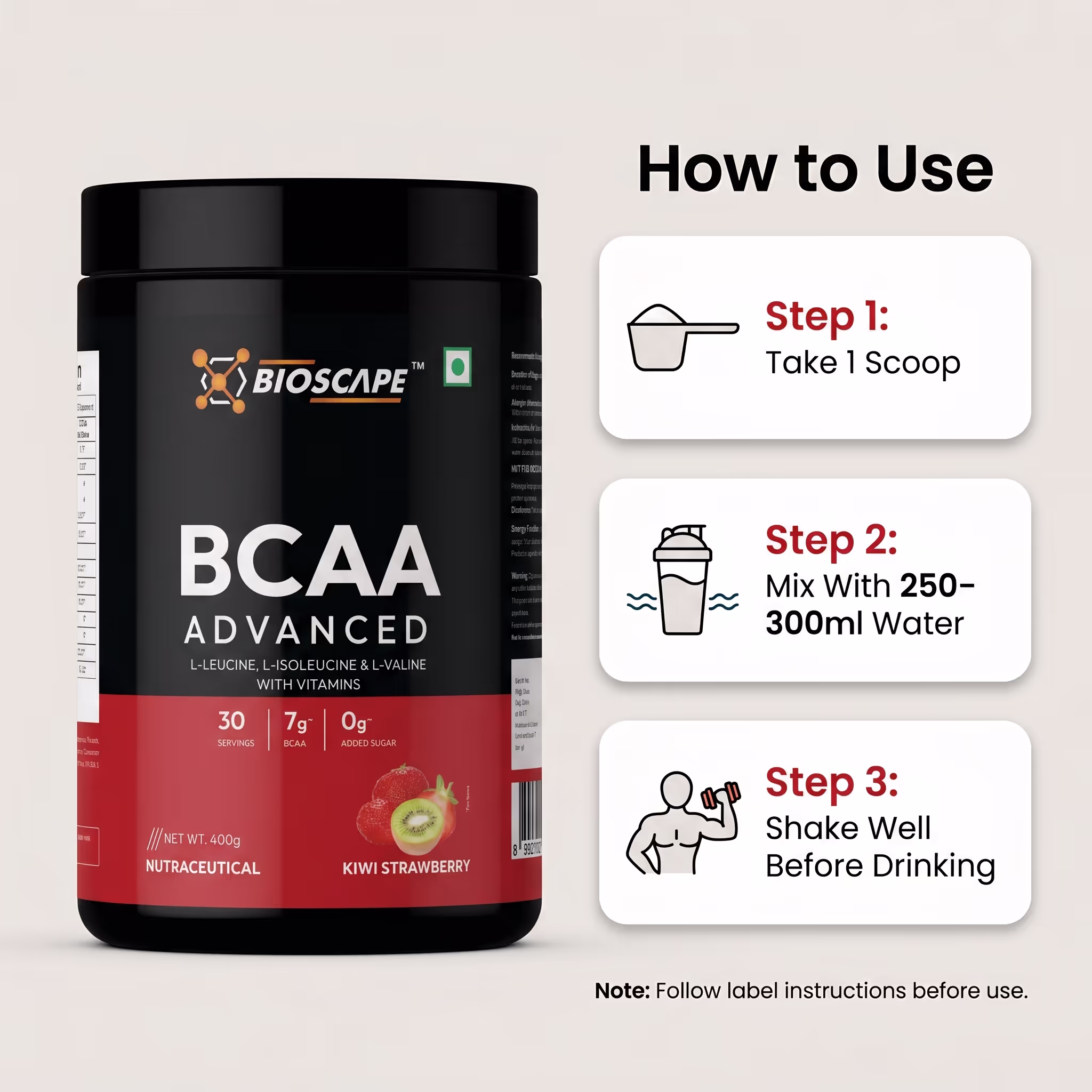 BIOSCAPE BCAA Advanced Kiwi Strawberry 400g – 7g BCAA with Glutamine, Citrulline & Vitamin B6 - Image 4