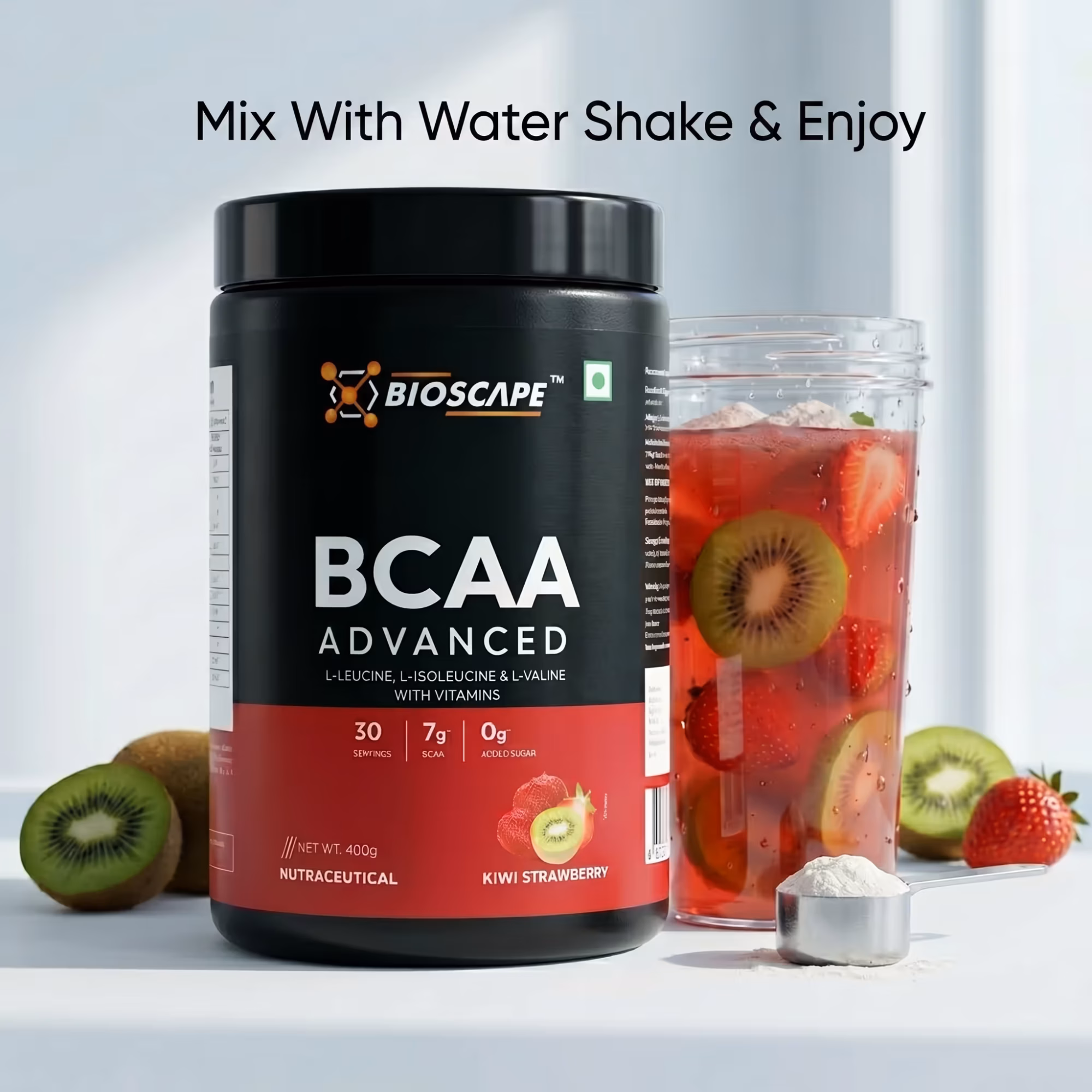 BIOSCAPE BCAA Advanced Kiwi Strawberry 400g – 7g BCAA with Glutamine, Citrulline & Vitamin B6