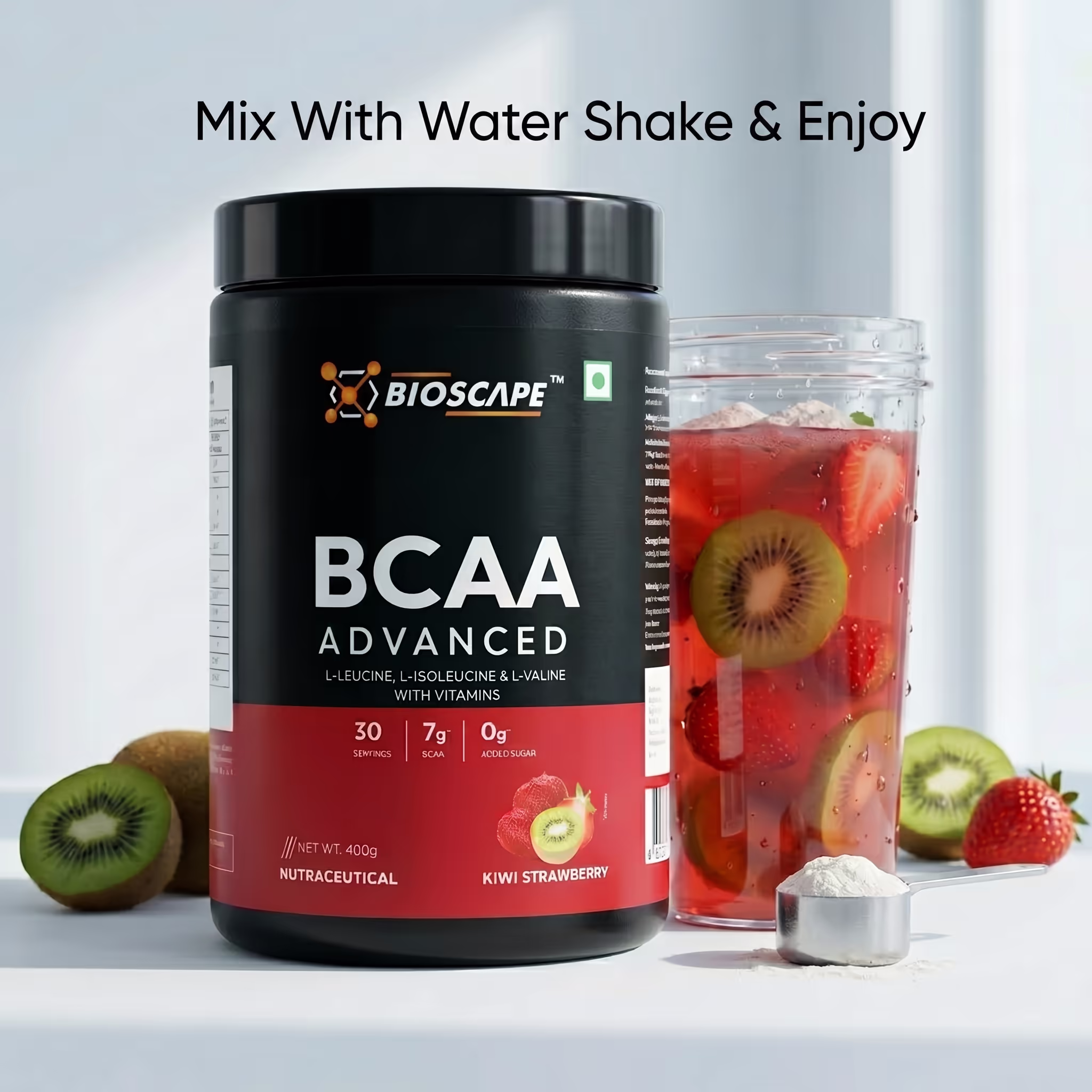 BIOSCAPE BCAA Advanced Kiwi Strawberry 400g – 7g BCAA with Glutamine, Citrulline & Vitamin B6 - Image 7