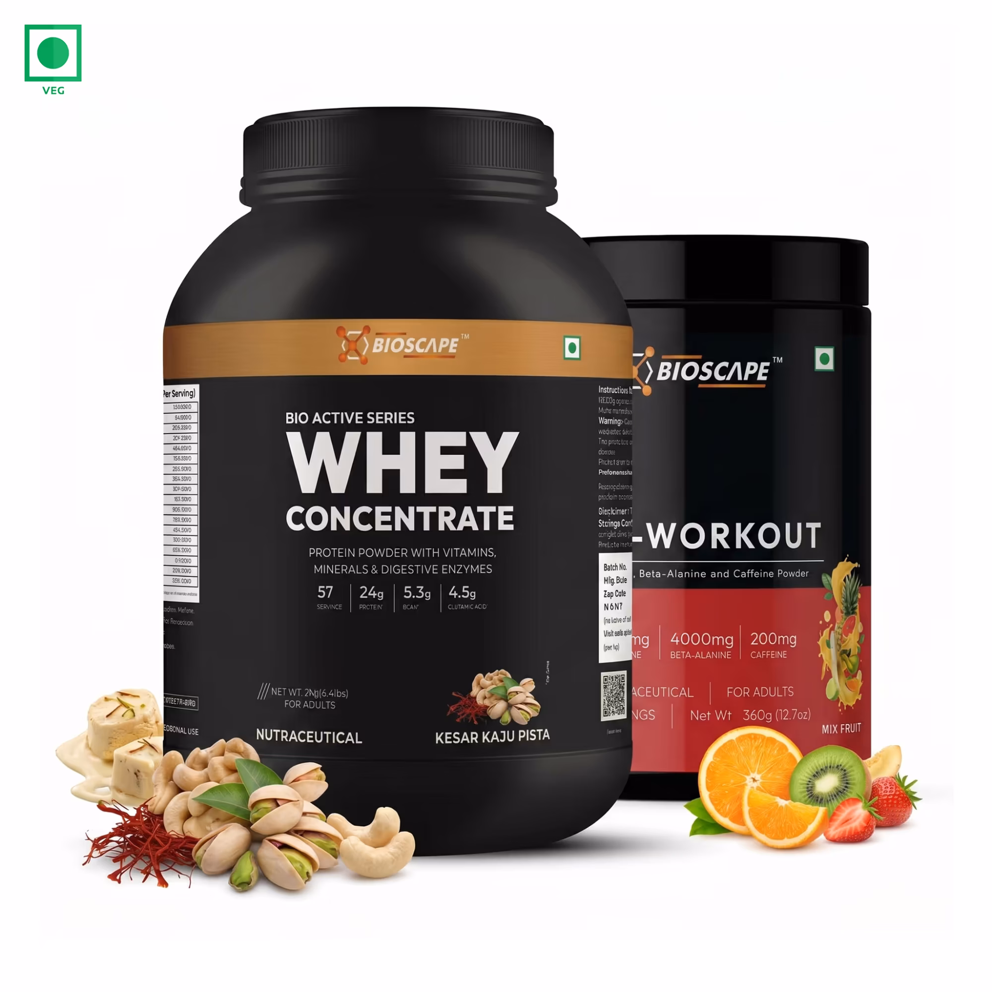 BIOSCAPE Pre-Workout Mix Fruit + Whey Concentrate Kesar Kaju Pista Combo – 2 Flavour Pack