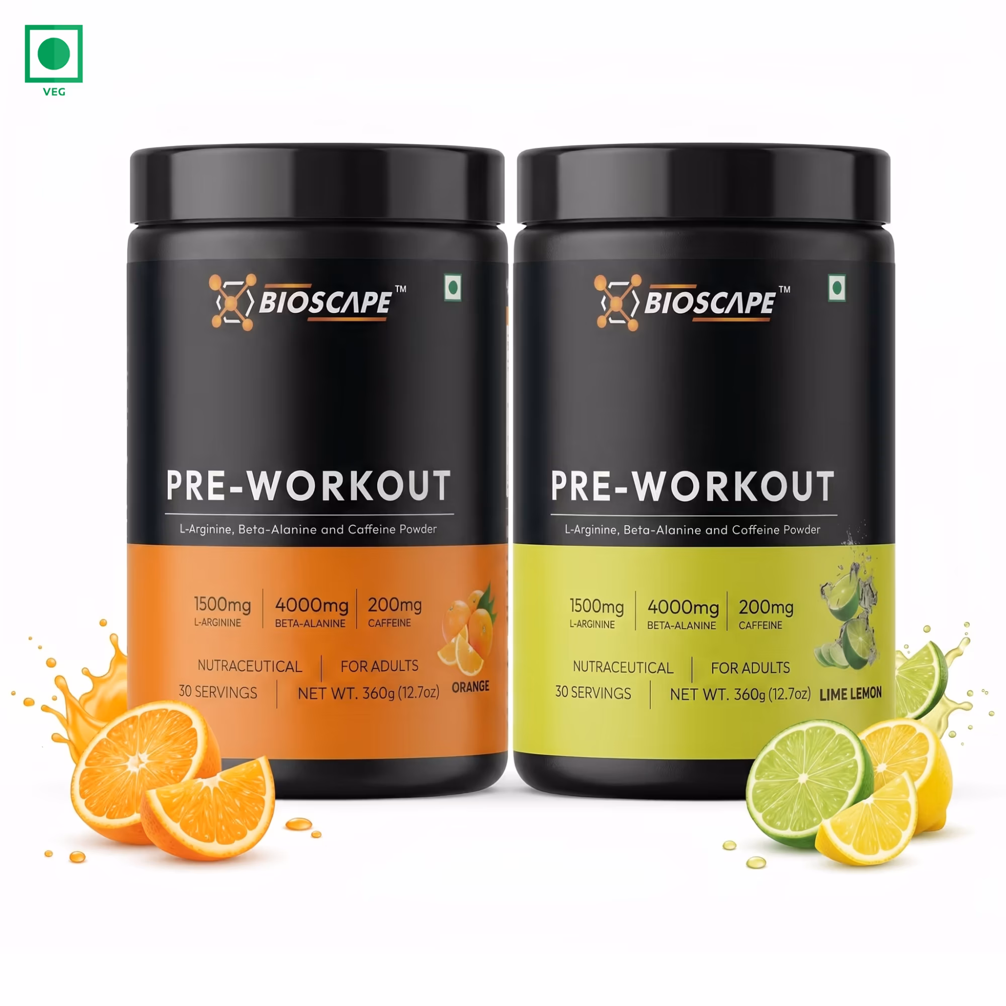 BIOSCAPE Pre-Workout Orange + Lime Lemon Combo – 2 Flavour Pack