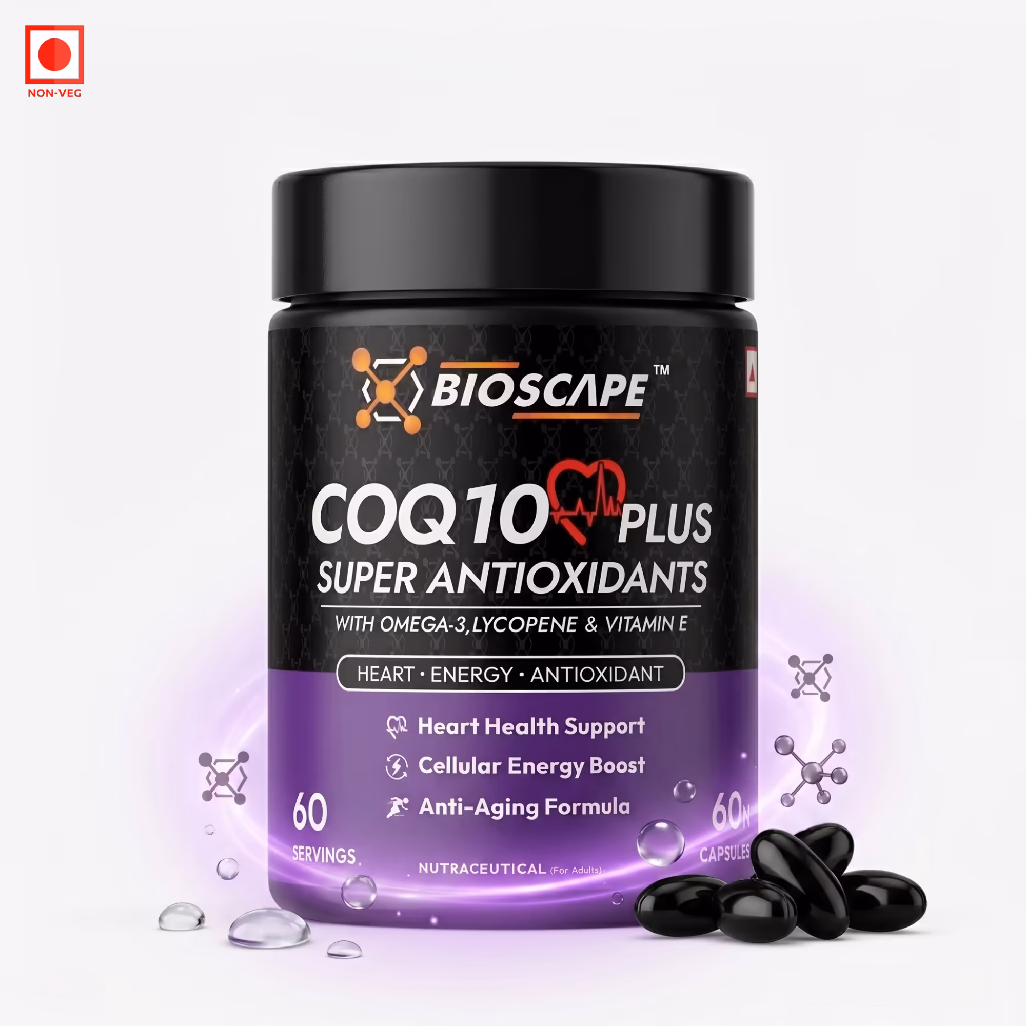 BIOSCAPE COQ10 Plus Super Antioxidants – 60 Capsules with Omega-3, Lycopene & Vitamin E