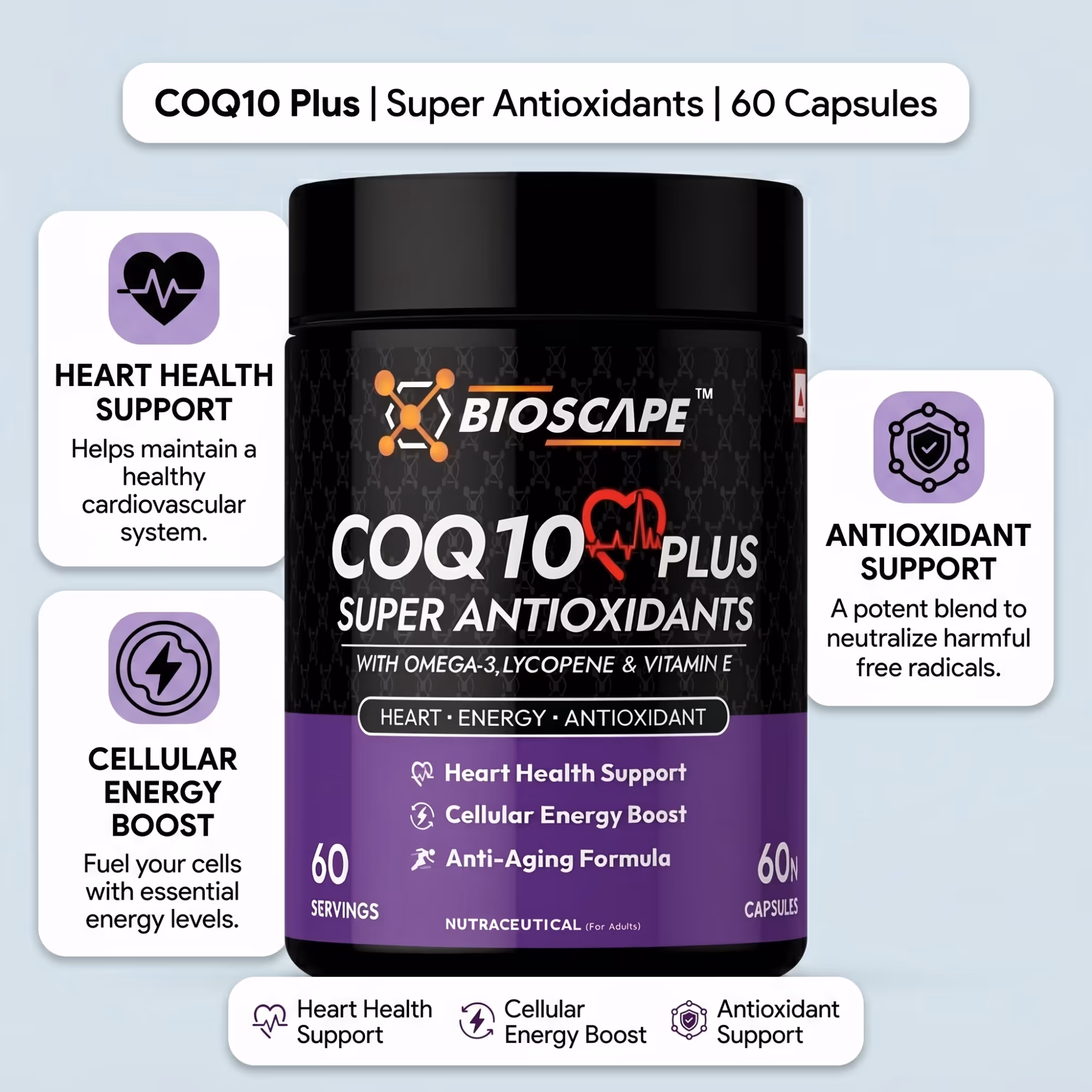 BIOSCAPE COQ10 Plus Super Antioxidants – 60 Capsules with Omega-3, Lycopene & Vitamin E