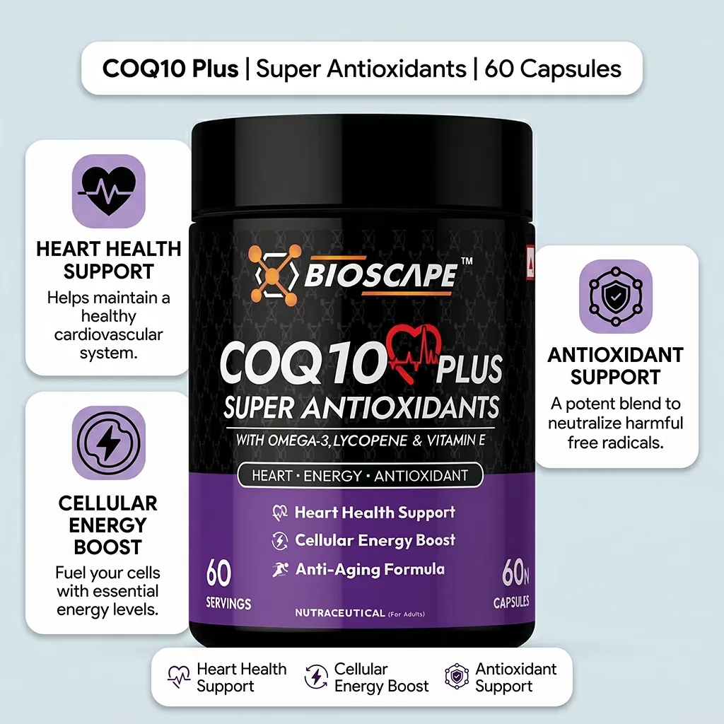 BIOSCAPE COQ10 Plus – CoQ10 Supplement with Omega-3, Lycopene & Vitamin E (9-in-1 Antioxidant Formula)