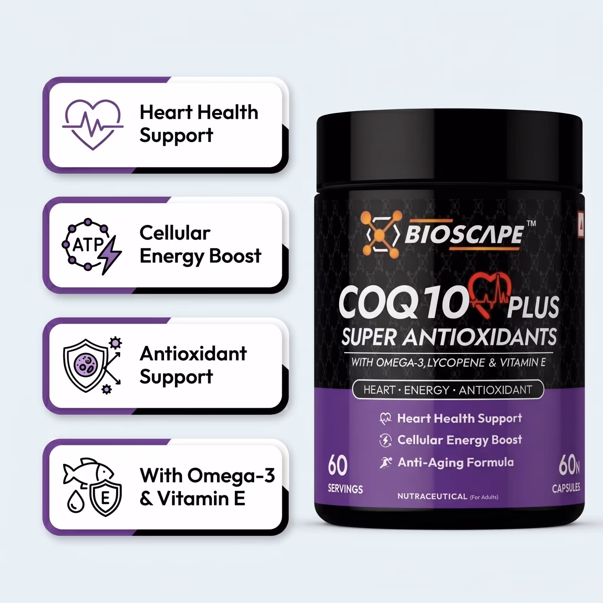 BIOSCAPE COQ10 Plus Super Antioxidants – 60 Capsules with Omega-3, Lycopene & Vitamin E