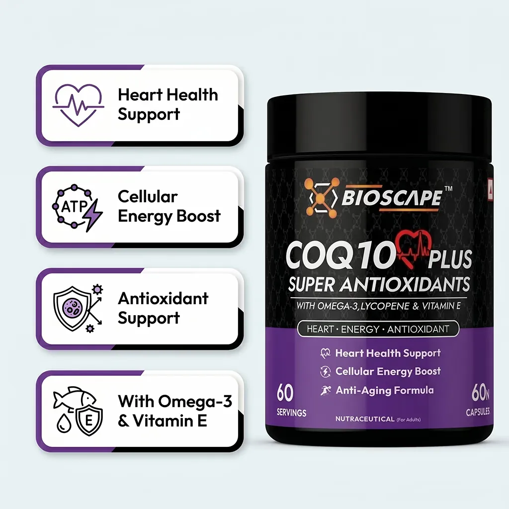 BIOSCAPE COQ10 Plus – CoQ10 Supplement with Omega-3, Lycopene & Vitamin E (9-in-1 Antioxidant Formula)