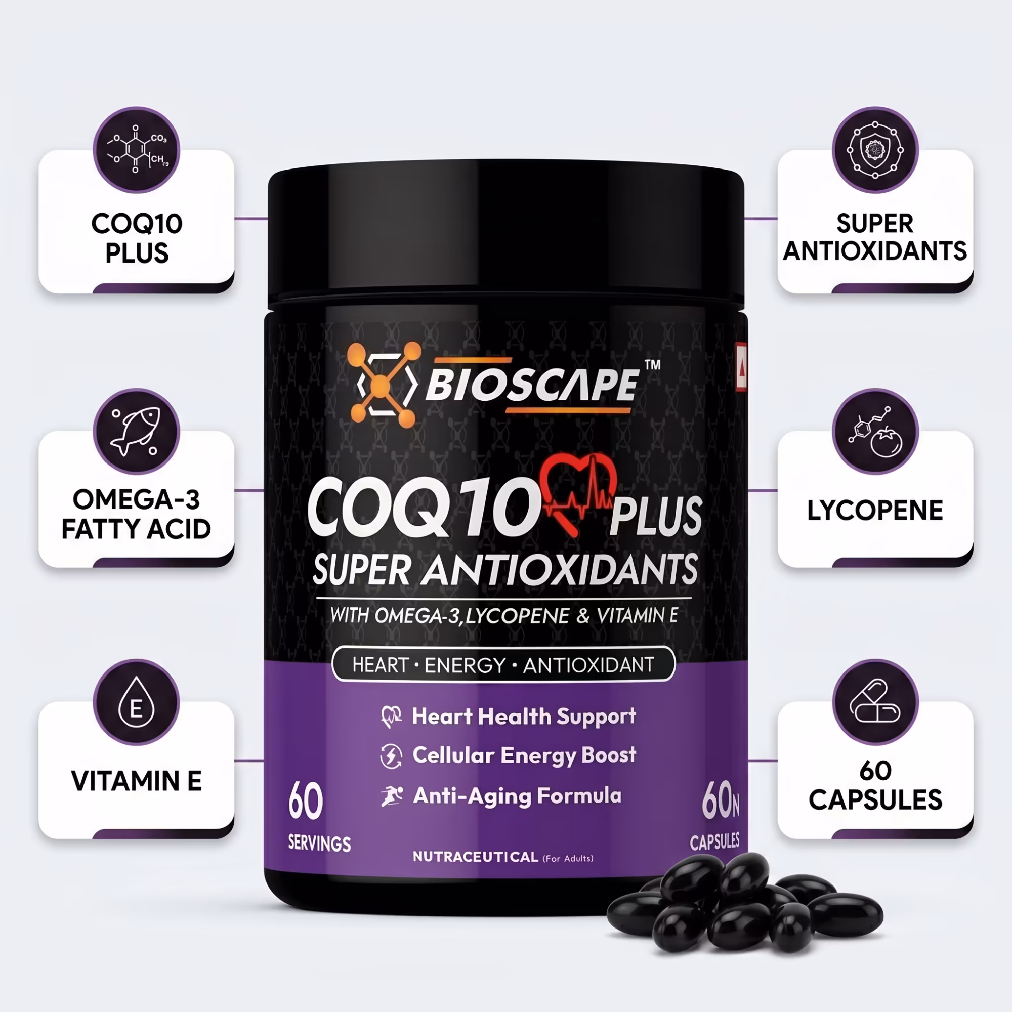 BIOSCAPE COQ10 Plus Super Antioxidants – 60 Capsules with Omega-3, Lycopene & Vitamin E