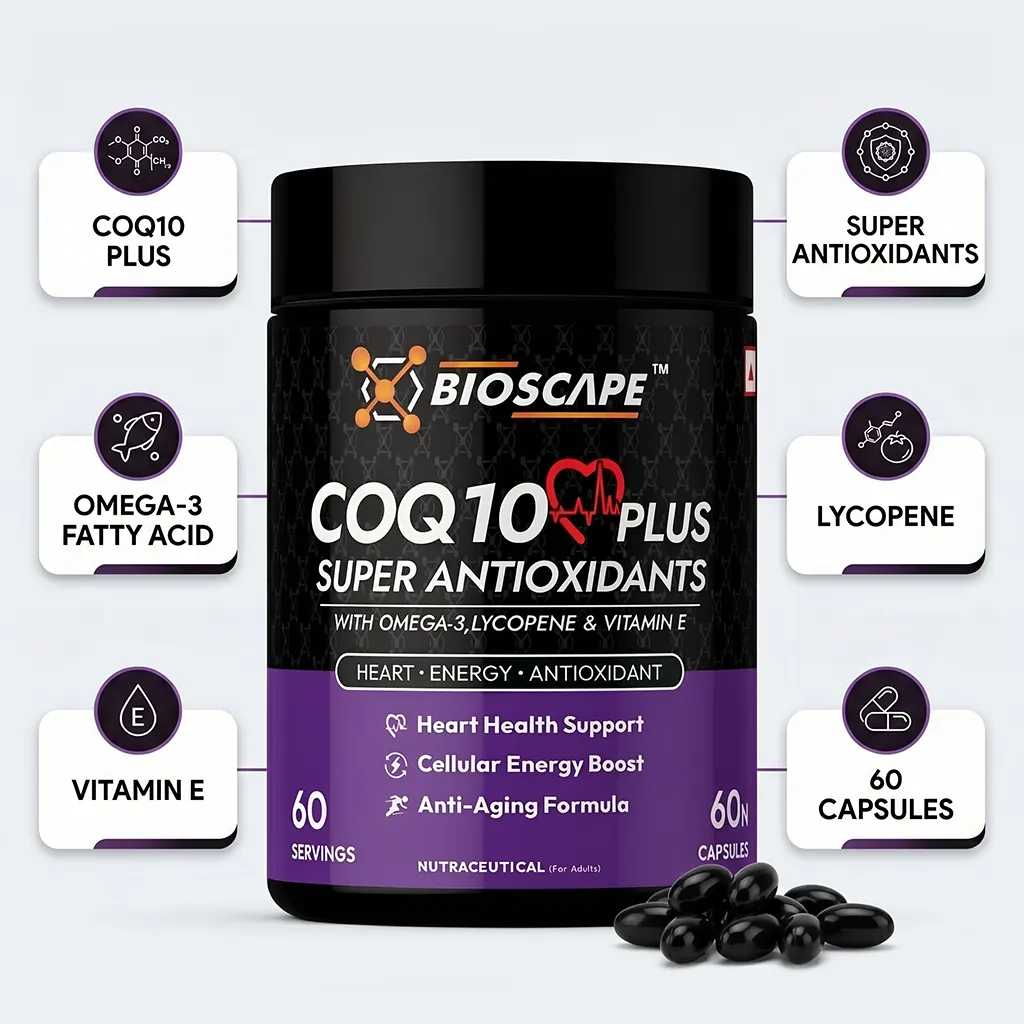 BIOSCAPE COQ10 Plus – CoQ10 Supplement with Omega-3, Lycopene & Vitamin E (9-in-1 Antioxidant Formula)