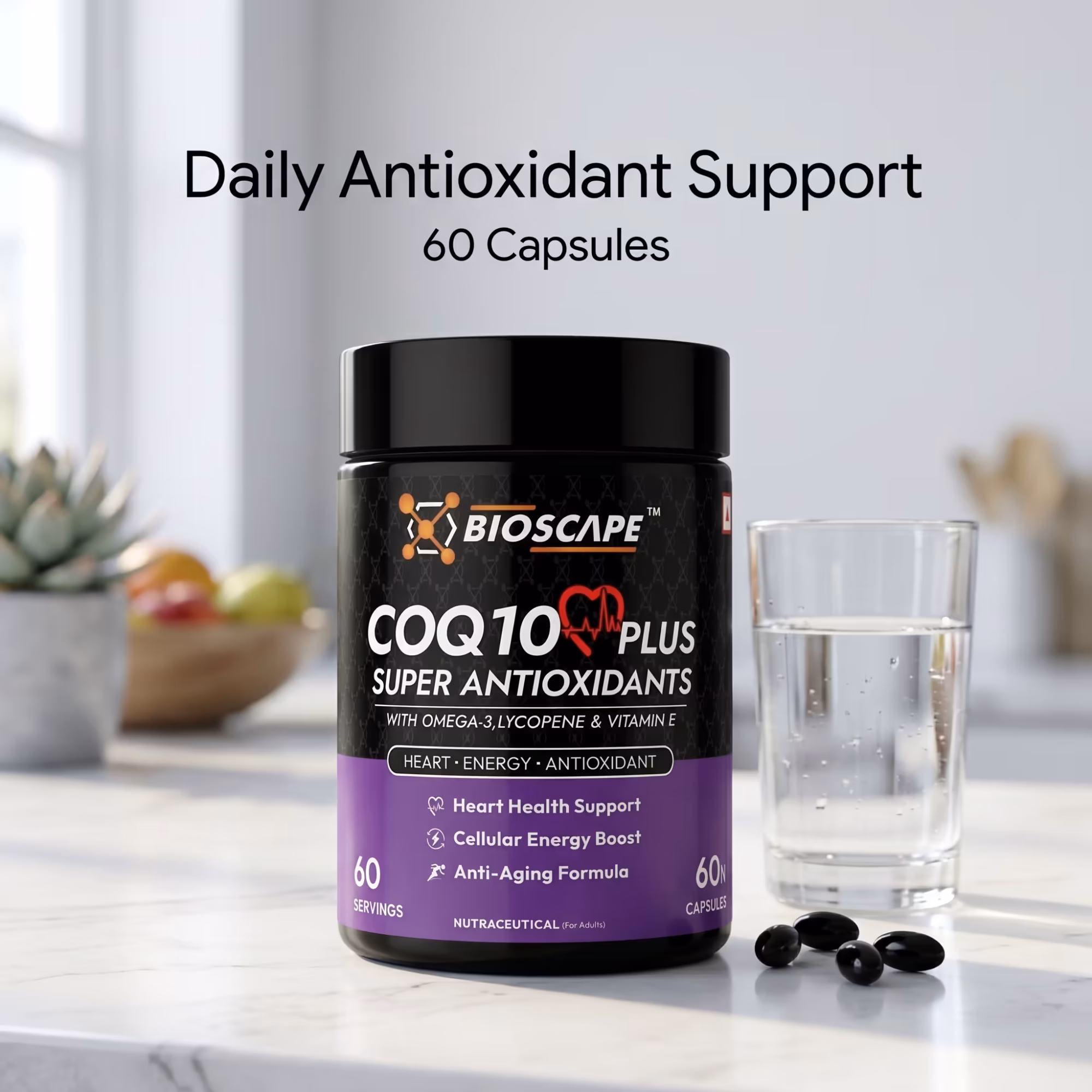 BIOSCAPE COQ10 Plus Super Antioxidants – 60 Capsules with Omega-3, Lycopene & Vitamin E