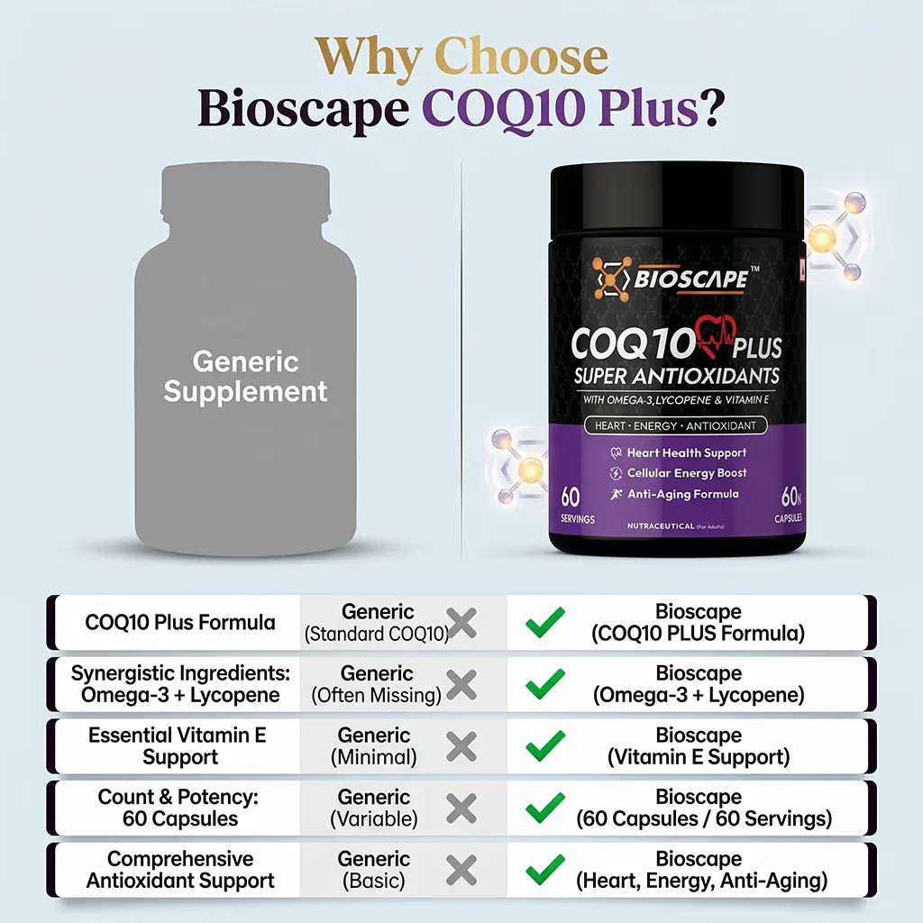 BIOSCAPE COQ10 Plus – CoQ10 Supplement with Omega-3, Lycopene & Vitamin E (9-in-1 Antioxidant Formula)