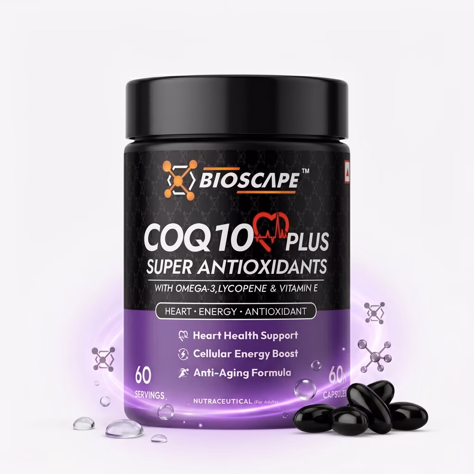 BIOSCAPE COQ10 Plus Super Antioxidants – 60 Capsules with Omega-3, Lycopene & Vitamin E