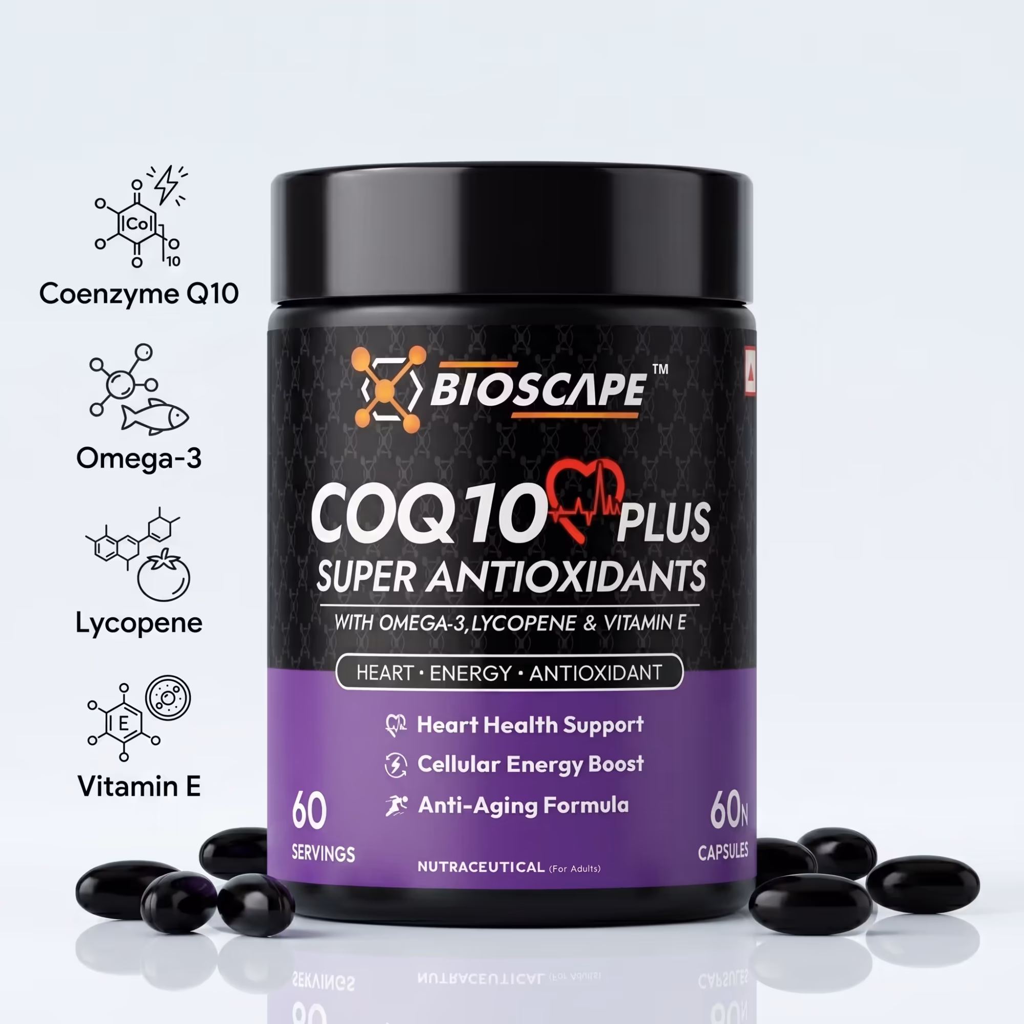 BIOSCAPE COQ10 Plus Super Antioxidants – 60 Capsules with Omega-3, Lycopene & Vitamin E