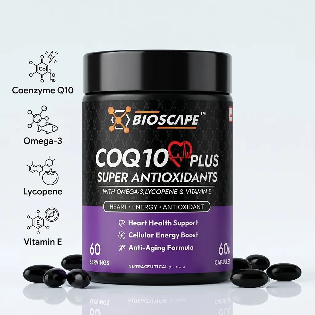 BIOSCAPE COQ10 Plus – CoQ10 Supplement with Omega-3, Lycopene & Vitamin E (9-in-1 Antioxidant Formula)
