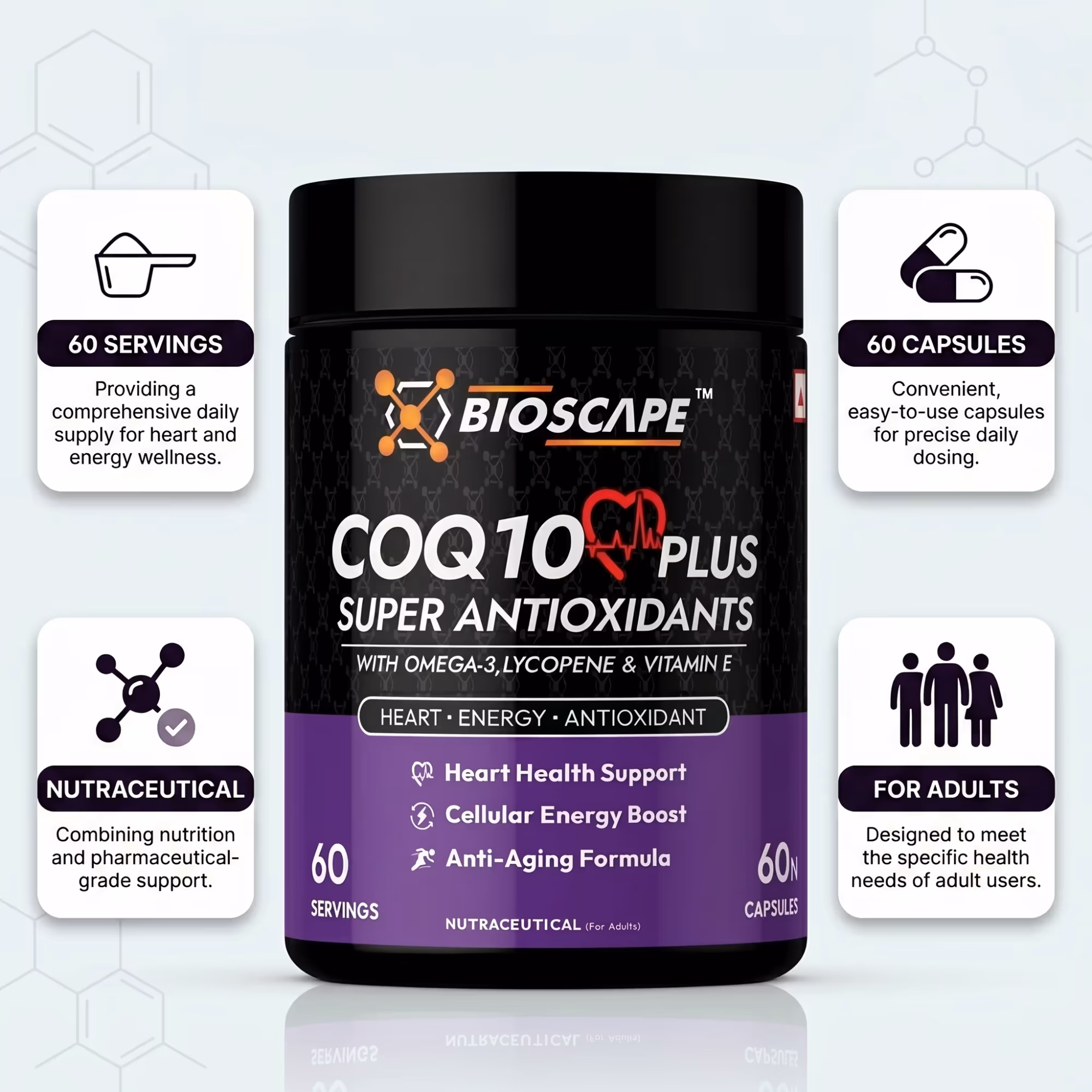 BIOSCAPE COQ10 Plus Super Antioxidants – 60 Capsules with Omega-3, Lycopene & Vitamin E