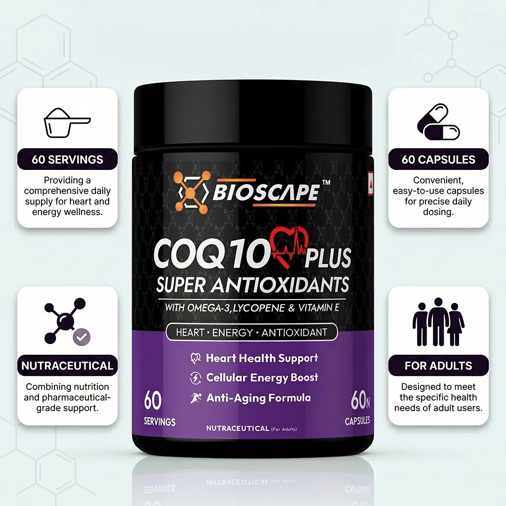 BIOSCAPE COQ10 Plus – CoQ10 Supplement with Omega-3, Lycopene & Vitamin E (9-in-1 Antioxidant Formula)