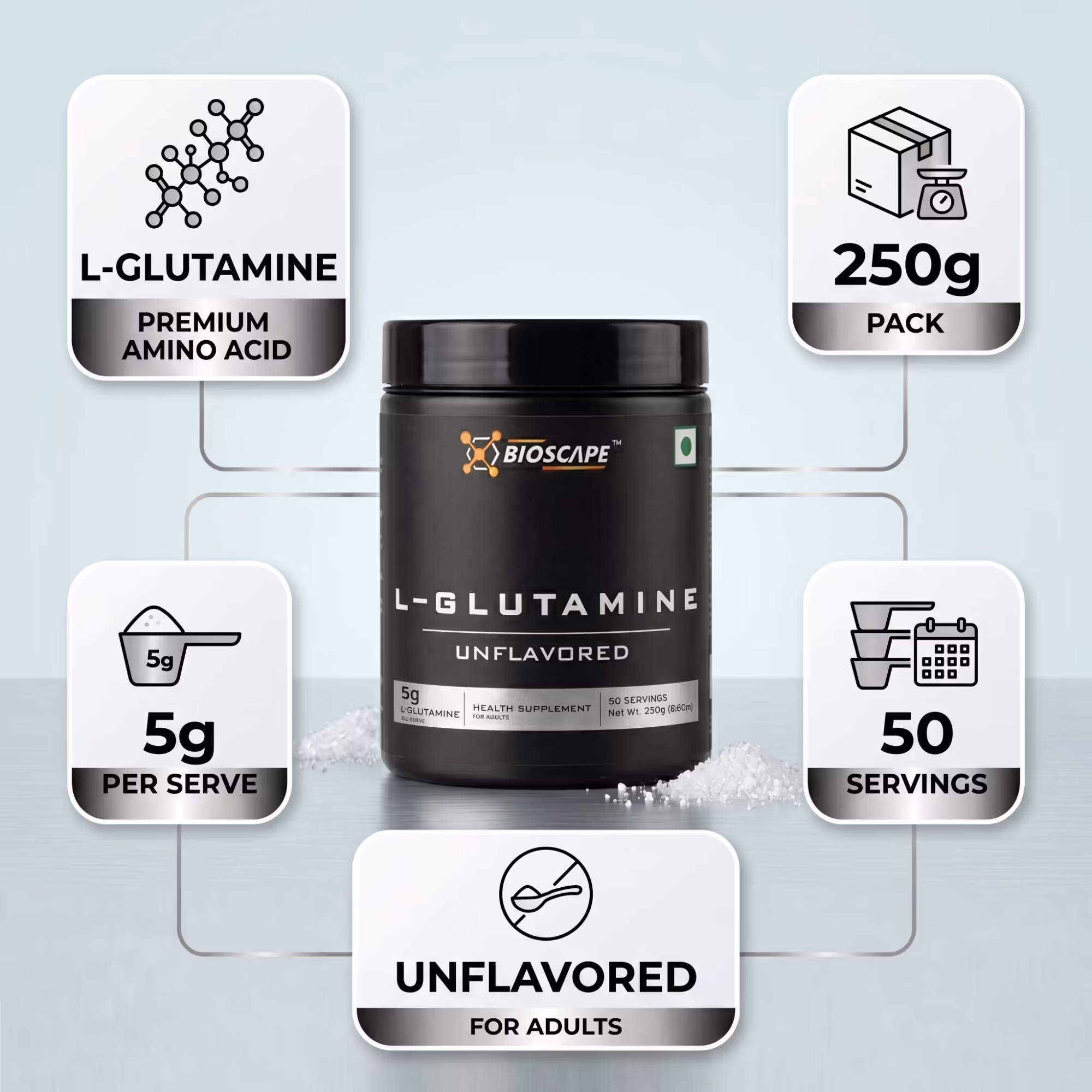BIOSCAPE Glutamine 250g – Unflavoured L-Glutamine Powder