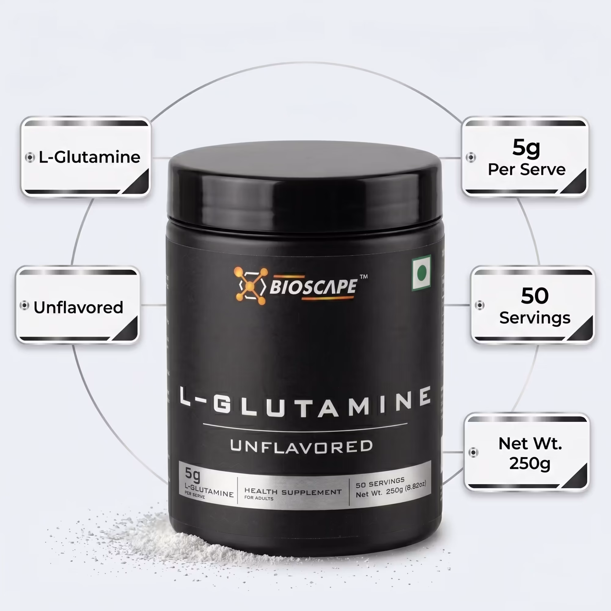 BIOSCAPE Glutamine 250g – Unflavoured L-Glutamine Powder