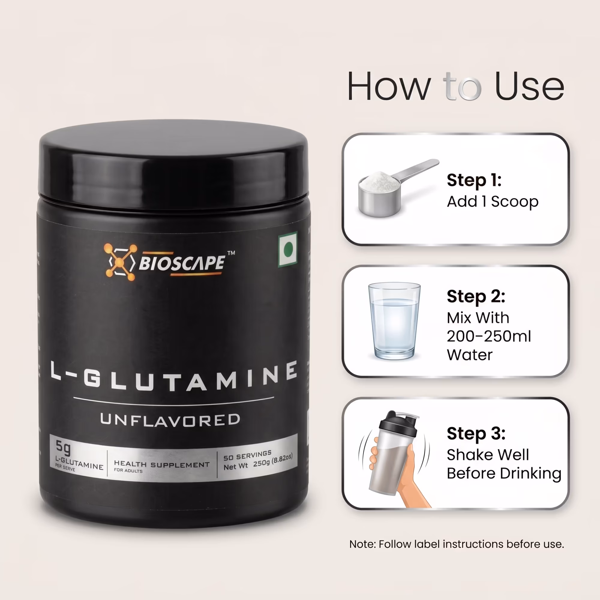 BIOSCAPE Glutamine 250g – Unflavoured L-Glutamine Powder