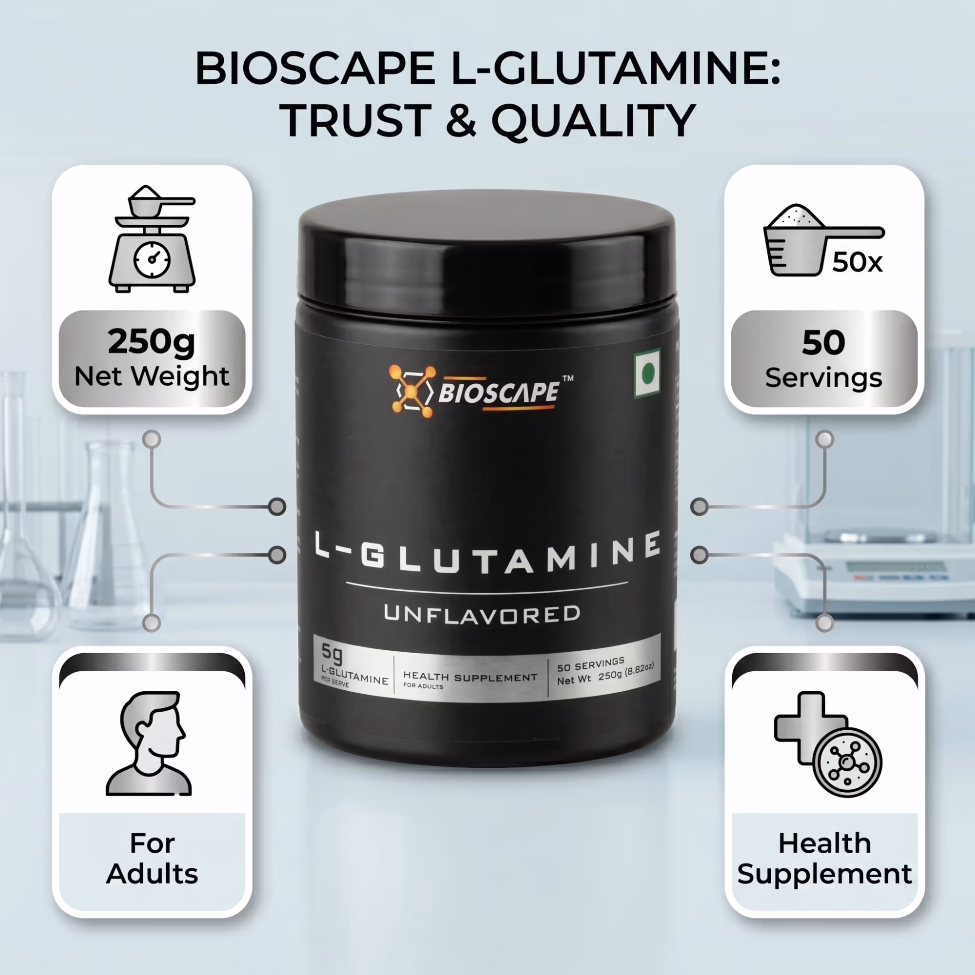 BIOSCAPE Glutamine 250g – Unflavoured L-Glutamine Powder