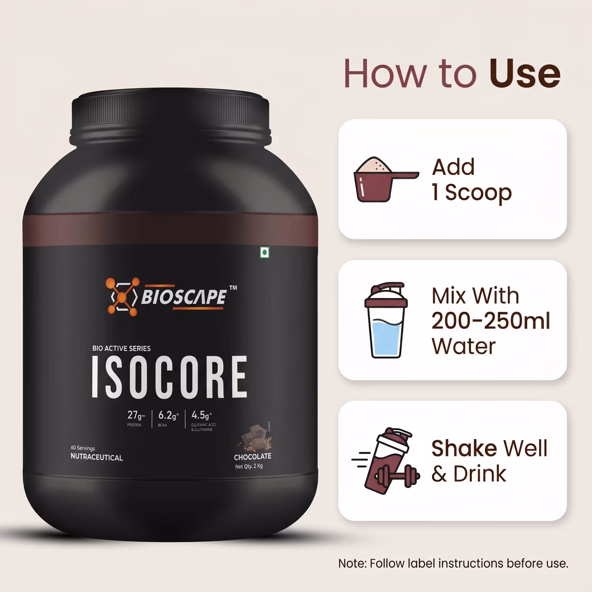 BIOSCAPE ISOCORE Chocolate 2kg – 27g Protein with BCAA, Glutamine & Glutamic Acid