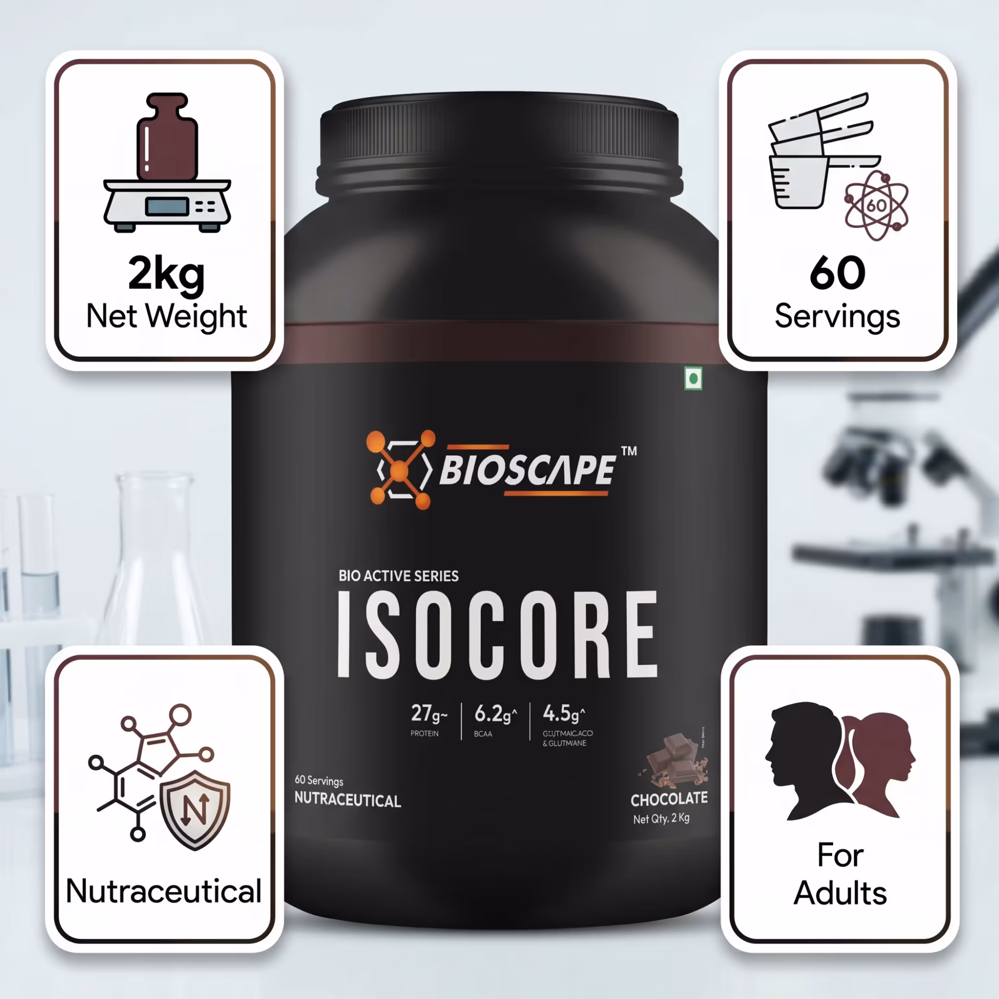 BIOSCAPE ISOCORE Chocolate 2kg – 27g Protein with BCAA, Glutamine & Glutamic Acid