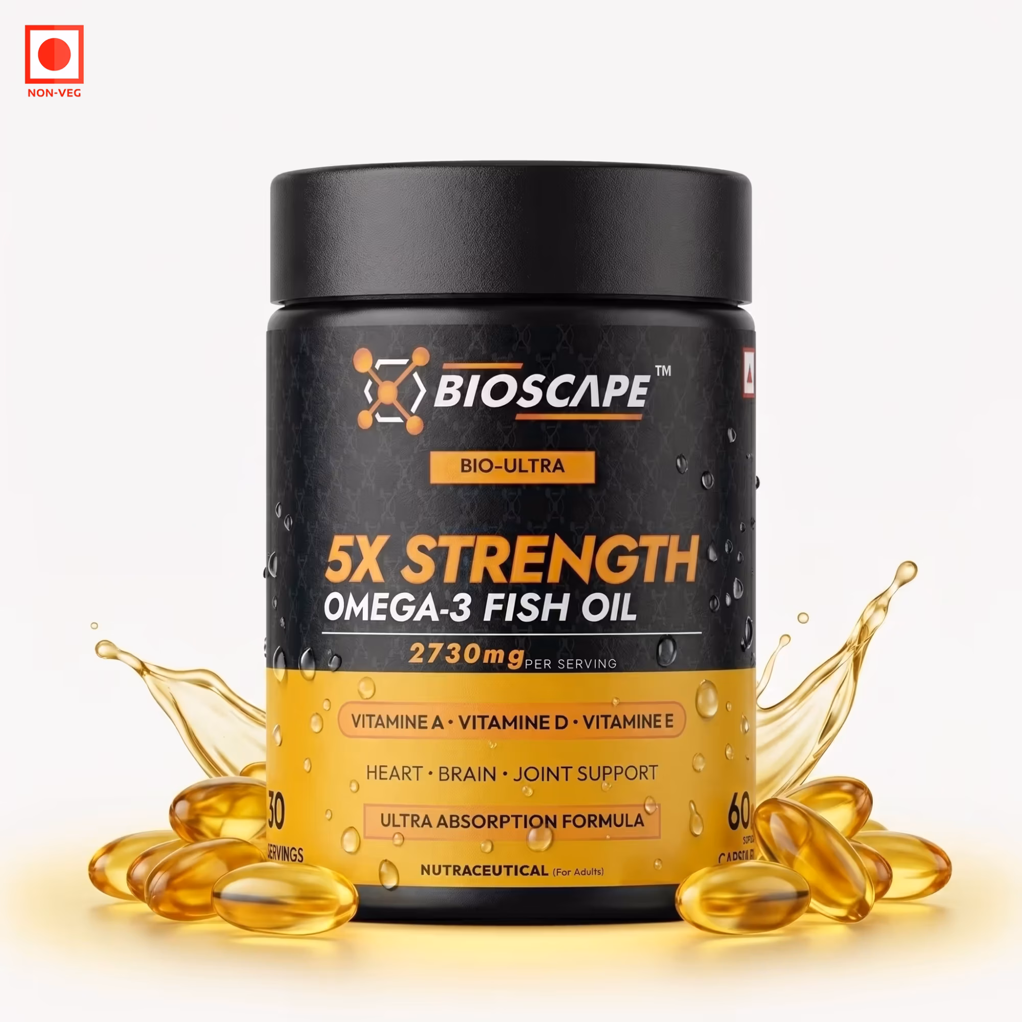 BIOSCAPE 5X Strength Omega-3 Fish Oil – 60 Softgel Capsules with EPA, DHA & Vitamins