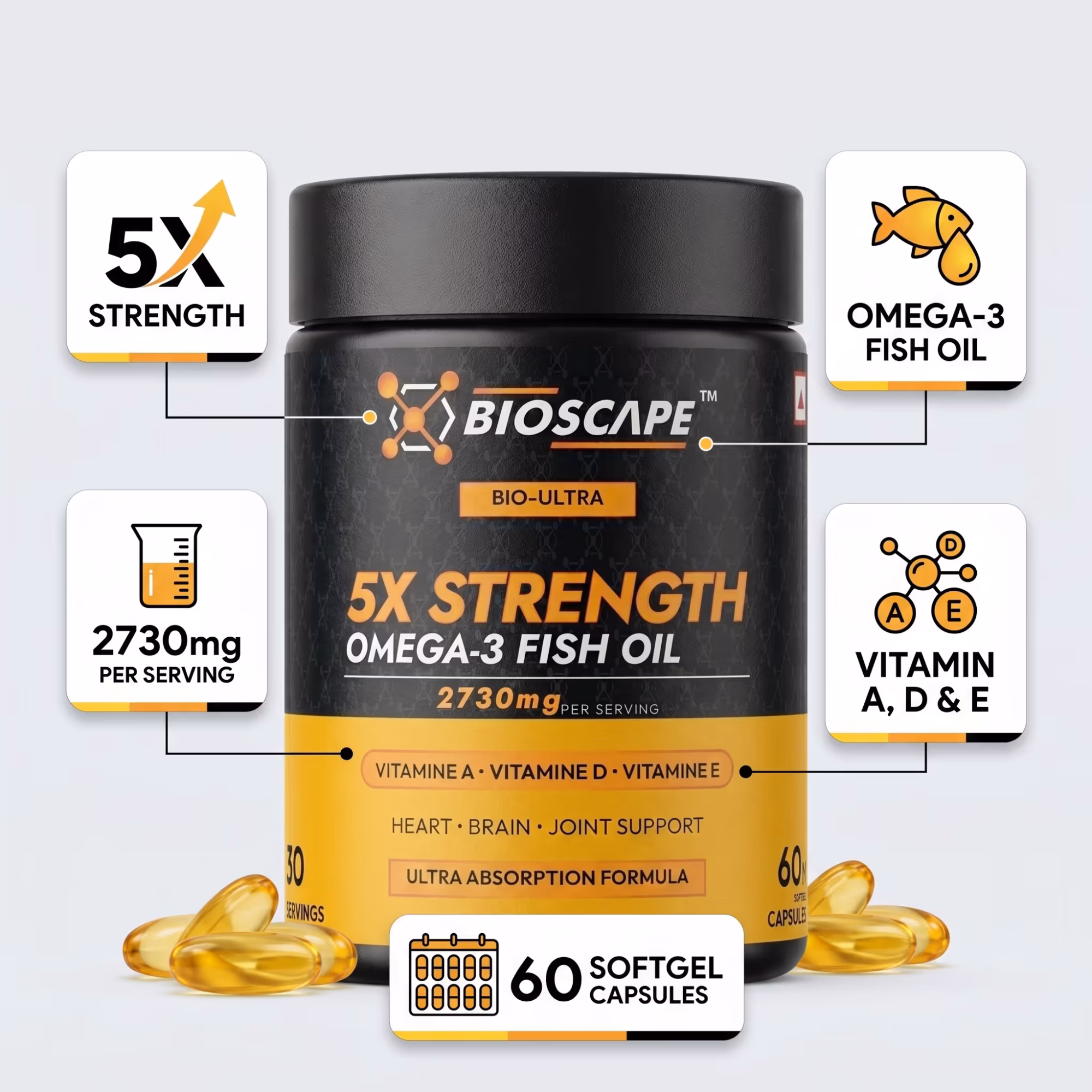 BIOSCAPE 5X Strength Omega-3 Fish Oil – 60 Softgel Capsules with EPA, DHA & Vitamins