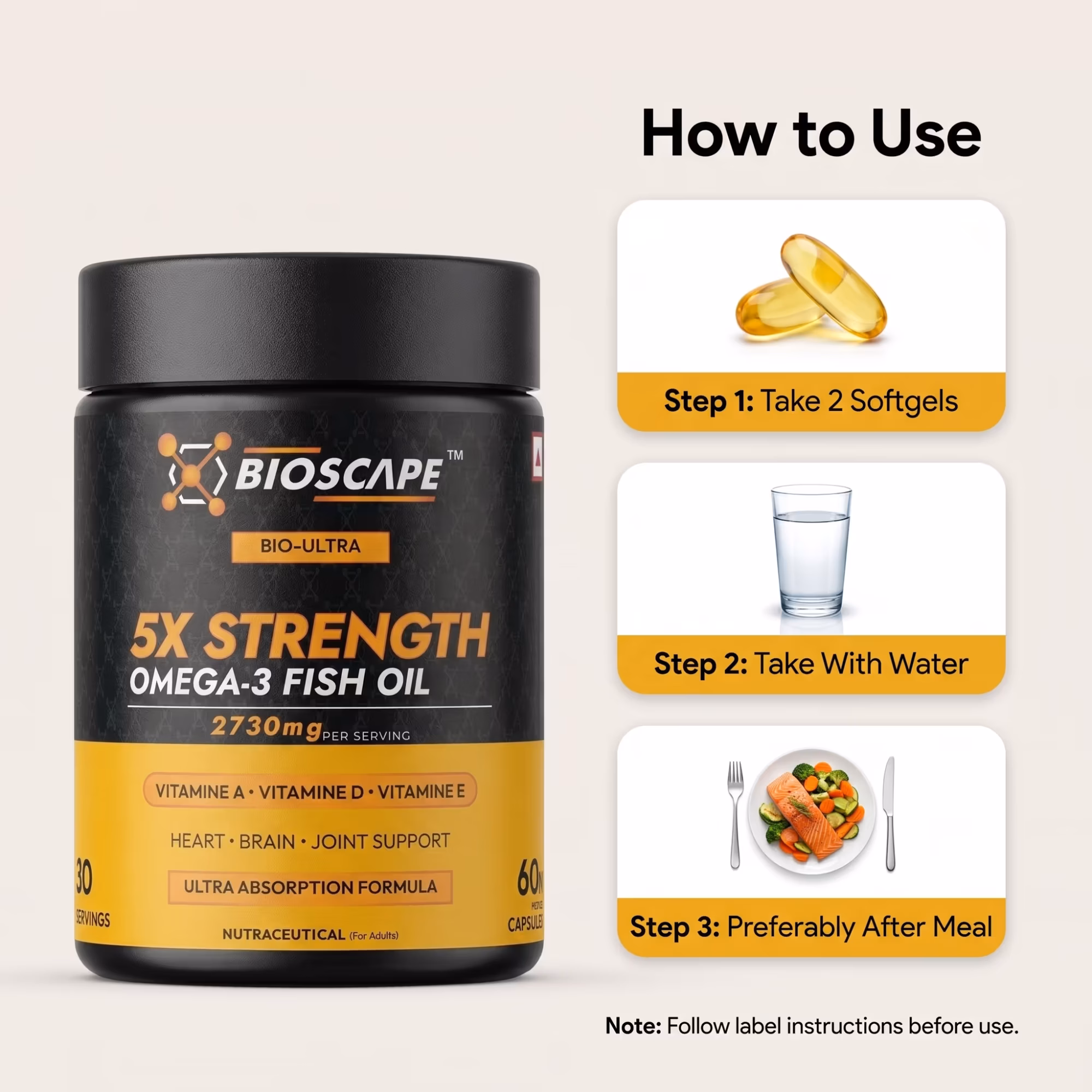 BIOSCAPE 5X Strength Omega-3 Fish Oil – 60 Softgel Capsules with EPA, DHA & Vitamins