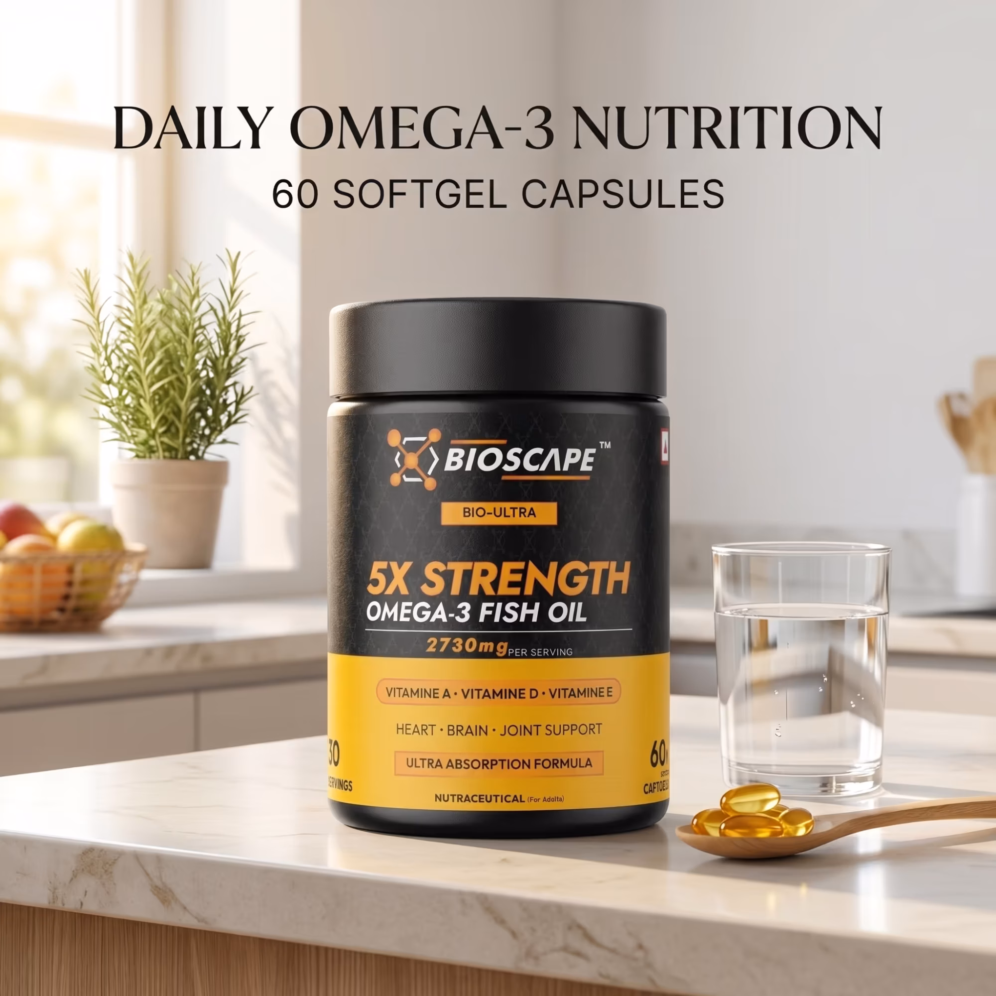 BIOSCAPE 5X Strength Omega-3 Fish Oil – 60 Softgel Capsules with EPA, DHA & Vitamins