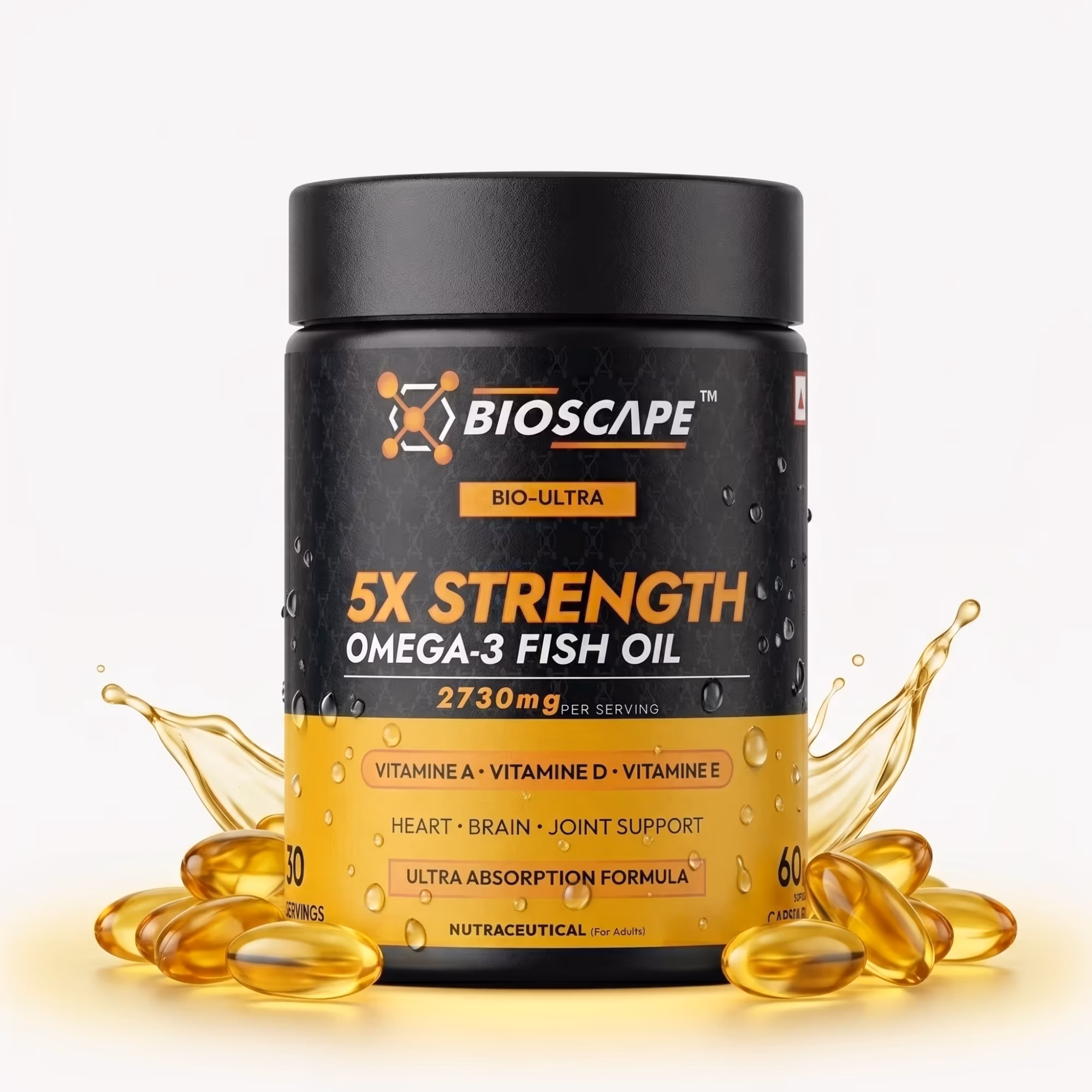 BIOSCAPE 5X Strength Omega-3 Fish Oil – 60 Softgel Capsules with EPA, DHA & Vitamins