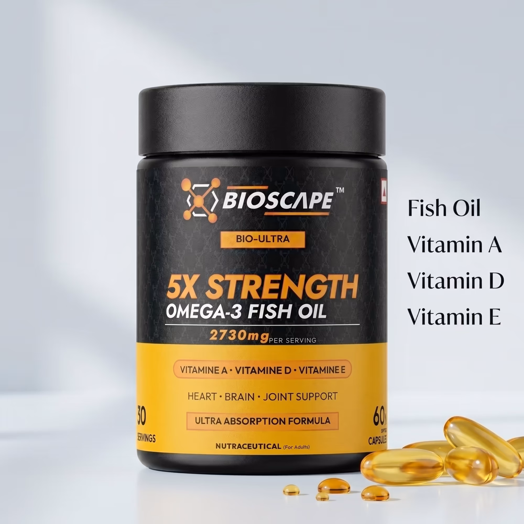 BIOSCAPE 5X Strength Omega-3 Fish Oil – 60 Softgel Capsules with EPA, DHA & Vitamins