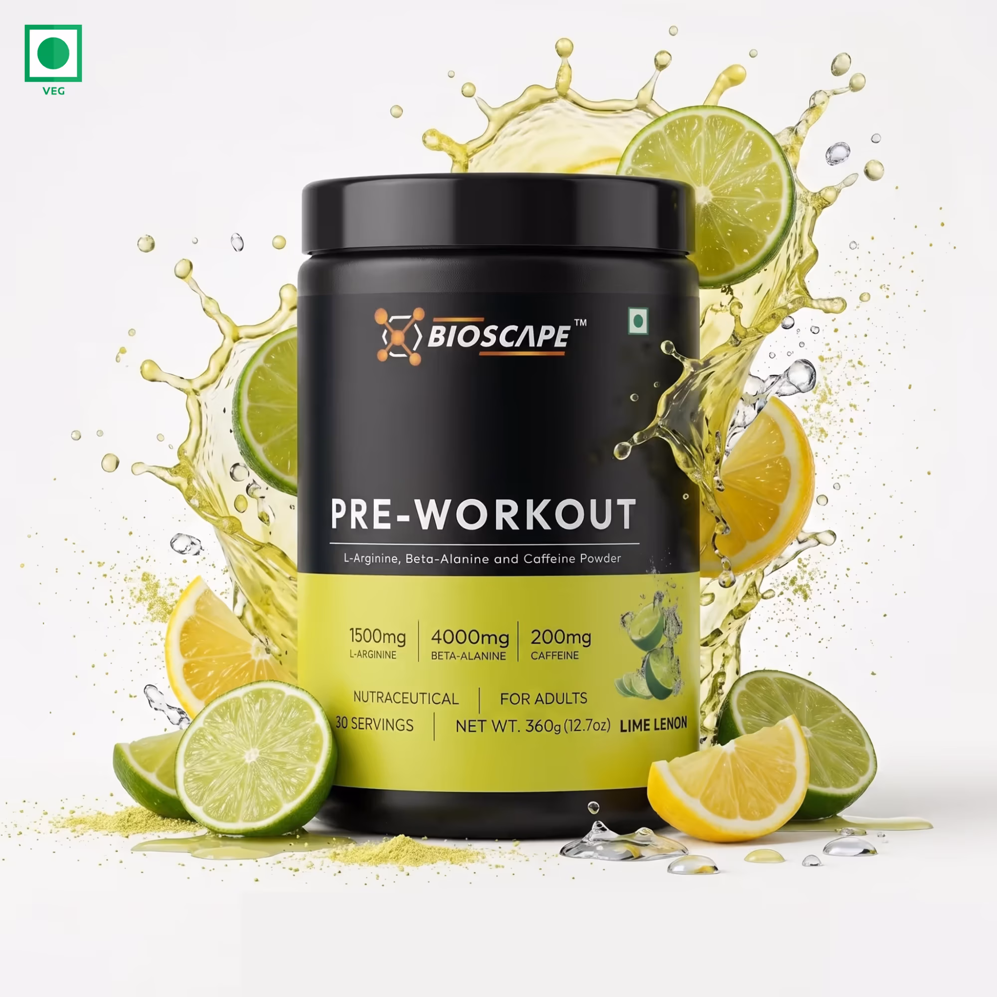 BIOSCAPE Pre-Workout Lime Lemon 360g – Beta-Alanine, L-Arginine & Caffeine