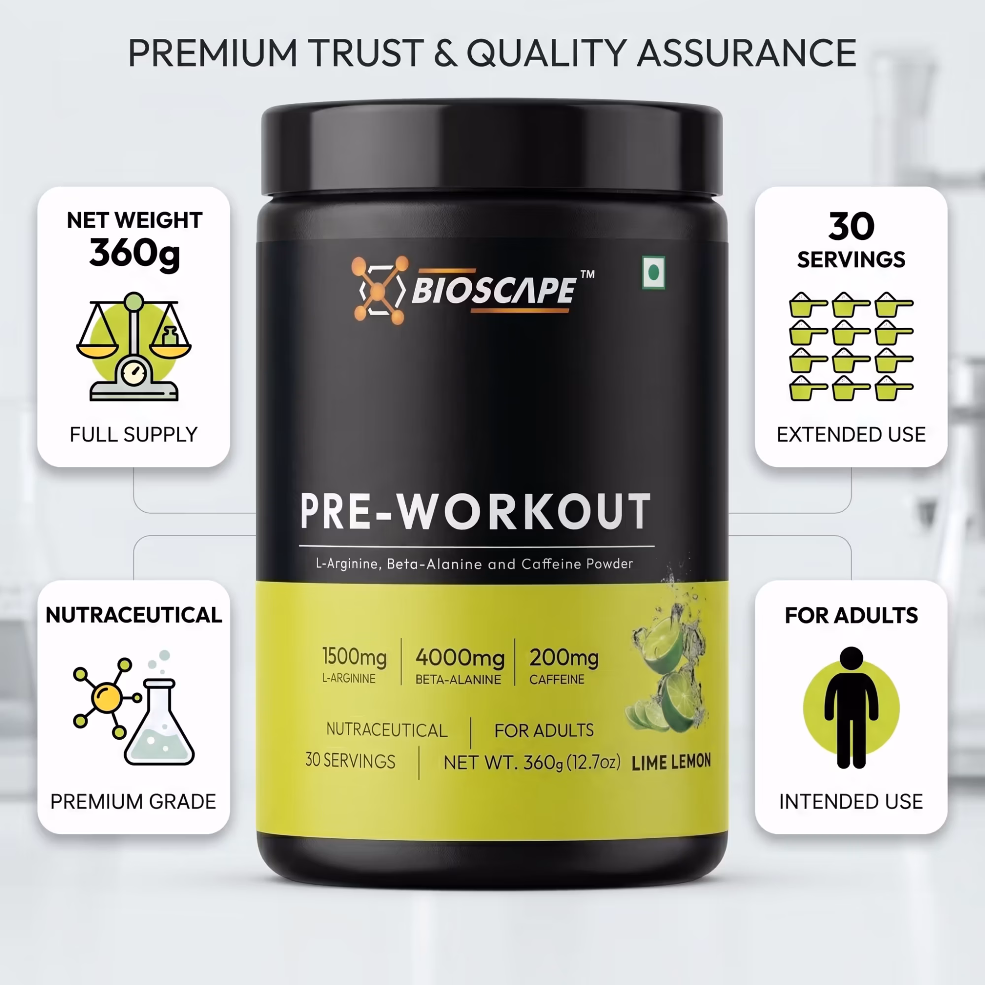 BIOSCAPE Pre-Workout Lime Lemon 360g – Beta-Alanine, L-Arginine & Caffeine
