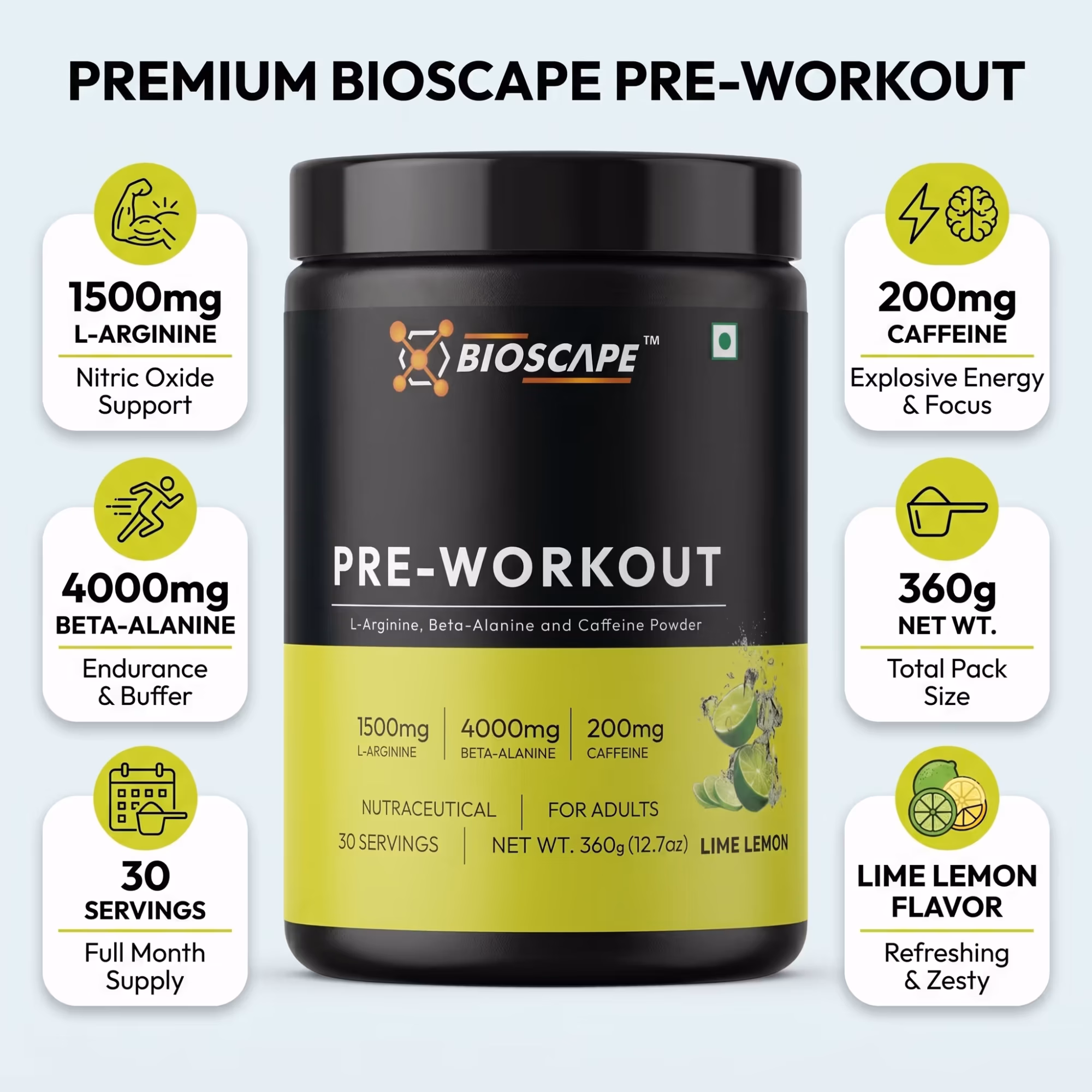 BIOSCAPE Pre-Workout Lime Lemon 360g – Beta-Alanine, L-Arginine & Caffeine