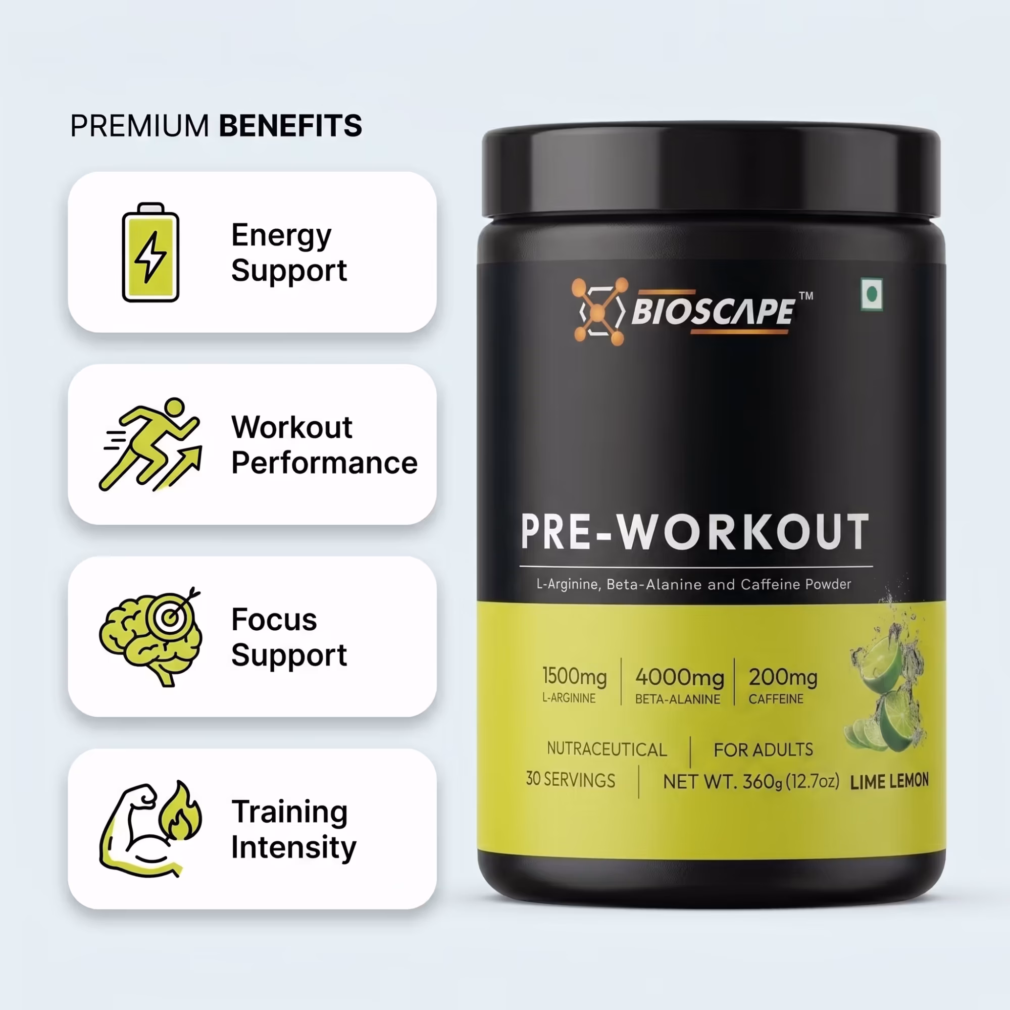BIOSCAPE Pre-Workout Lime Lemon 360g – Beta-Alanine, L-Arginine & Caffeine