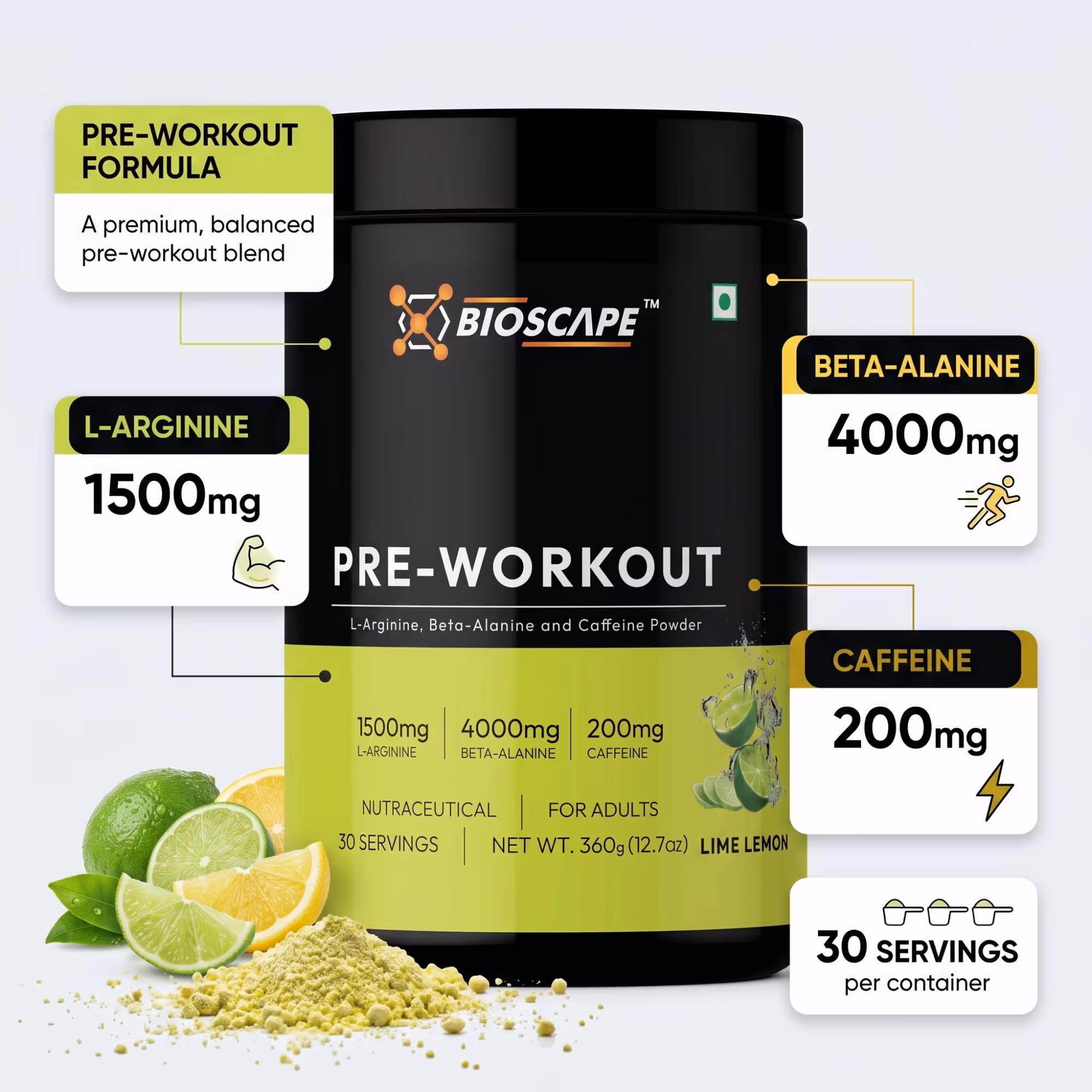 BIOSCAPE Pre-Workout Lime Lemon 360g – Beta-Alanine, L-Arginine & Caffeine