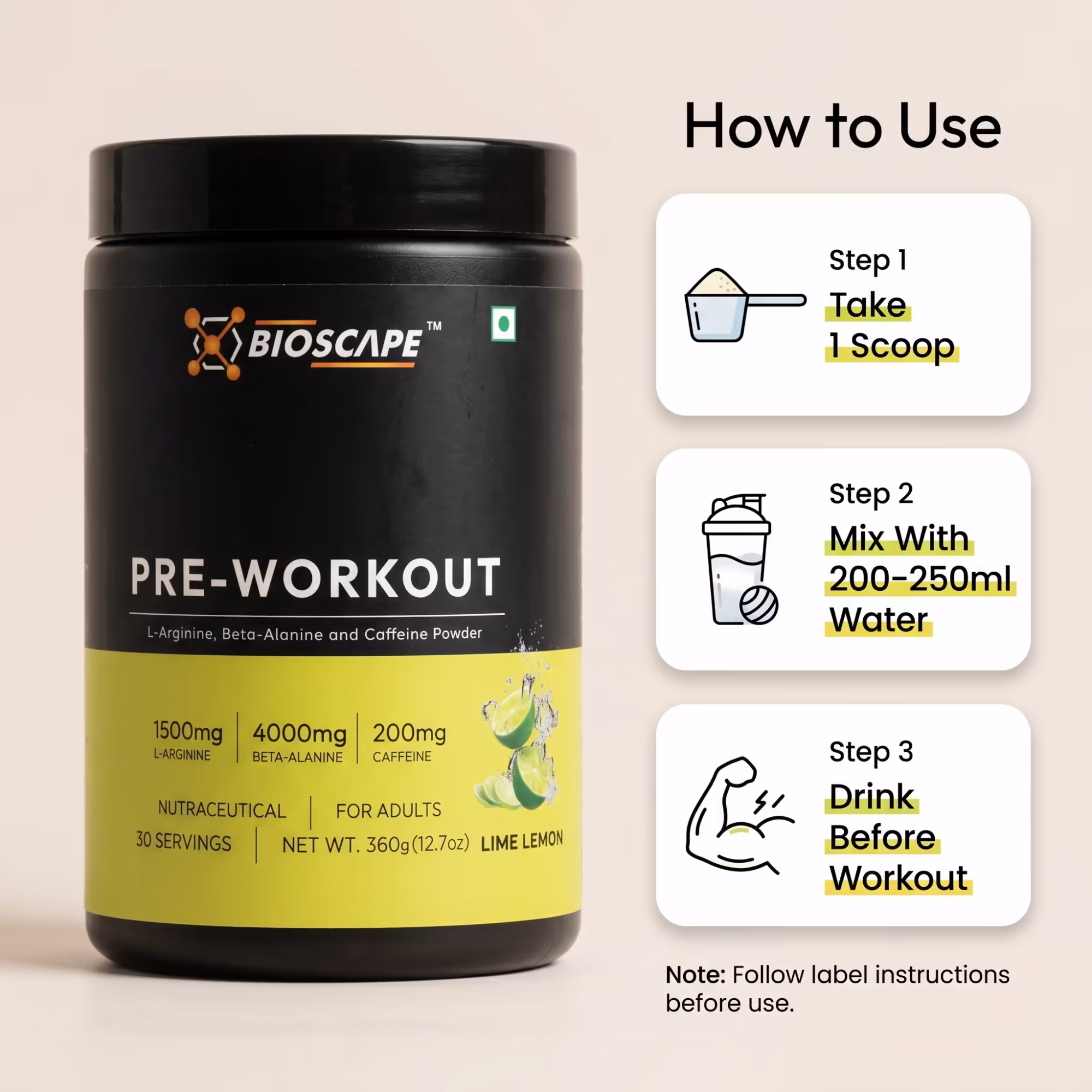 BIOSCAPE Pre-Workout Lime Lemon 360g – Beta-Alanine, L-Arginine & Caffeine