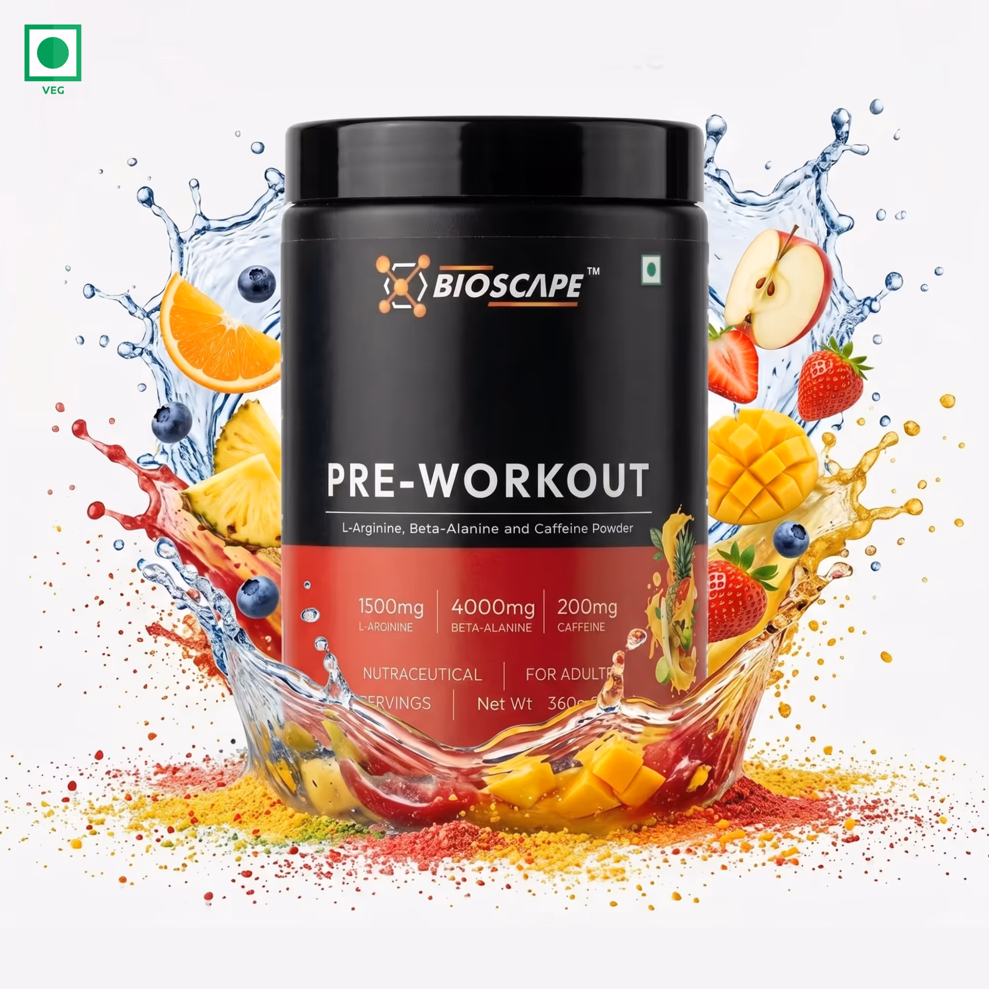 BIOSCAPE Pre-Workout Mix Fruit 360g – Beta-Alanine, L-Arginine & Caffeine